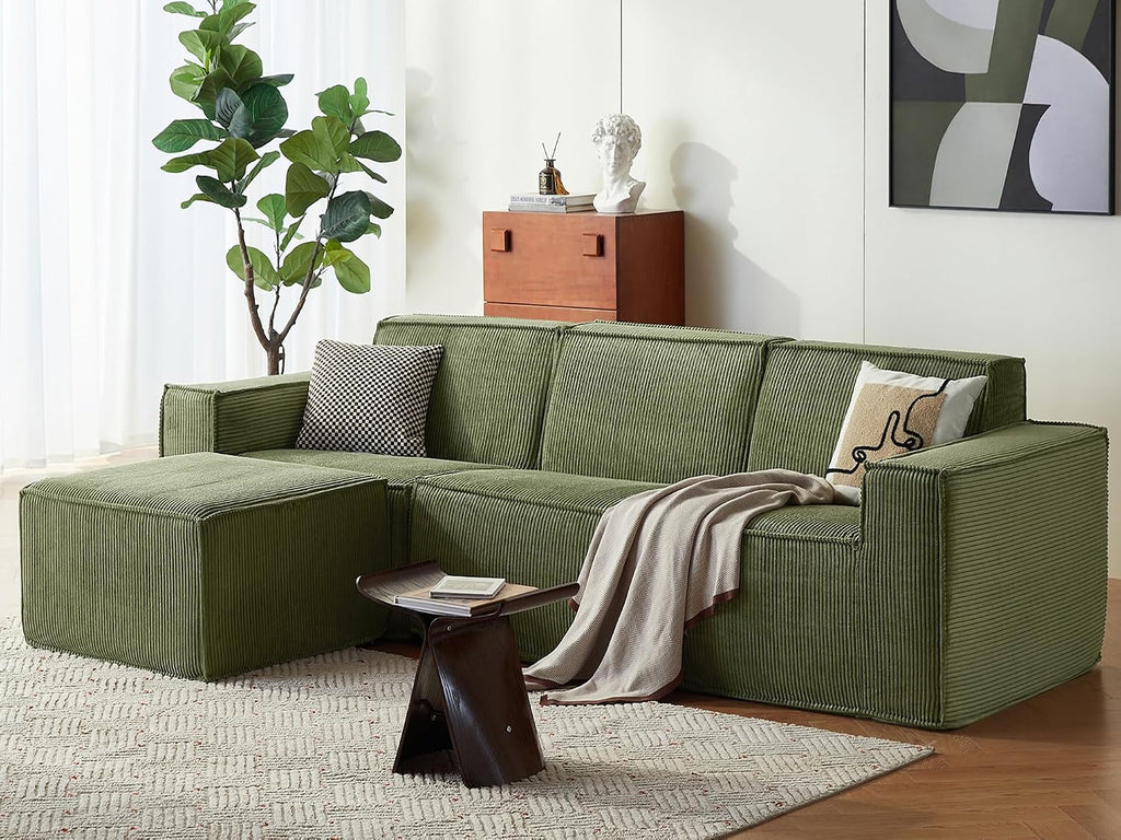 LINSY HOME Modular Sectional Sofa, 105' Boneless Couch L Shaped 3-Seat Sofa with Ottoman, Corduroy Sectional Cloud Couches for Living Room, No Assembly Required, Green