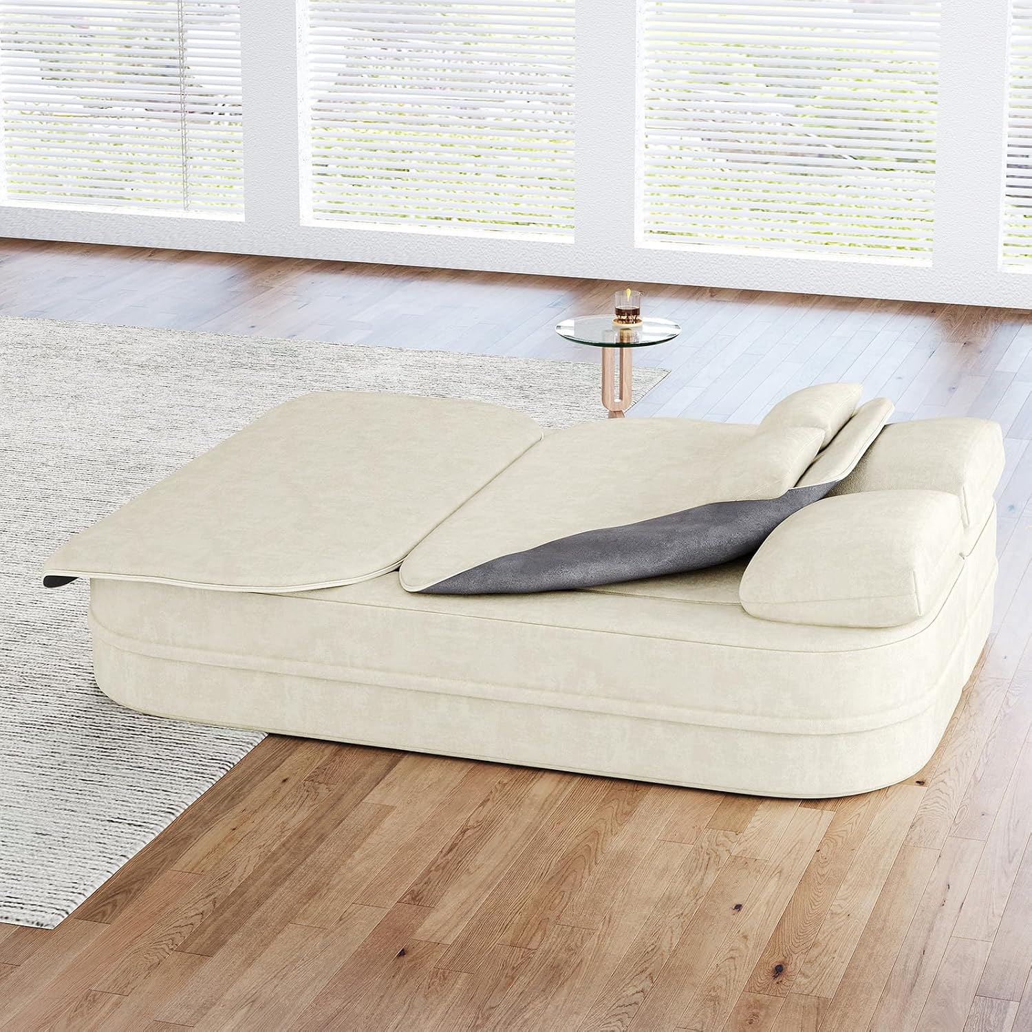Antetek Convertible Sleeper Sofa, Modern Folding Futon Chenille Floor Foam Compression Loveseat Sofa Bed Couch, Foldable Full-Size Guest Bed with 4 Pillows for Living Room Bedroom Apartment, Beige