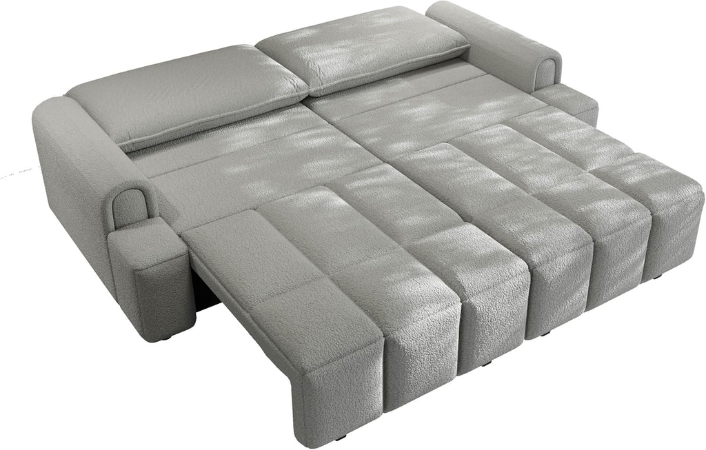 90.2' Futon Sofa Bed King, 3-in-1 Teddy Convertible Sofa, Upholstered Loveseat Couch with Pull Out Bed, L Shape Couches Small Spaces, Deep Seat, Storage for Living Room, Apartment, Light Grey