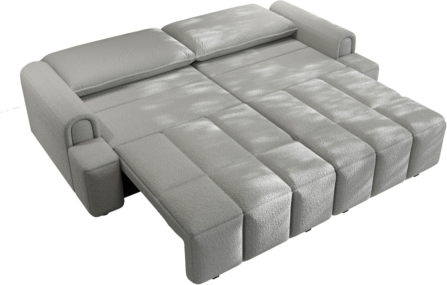90.2' Futon Sofa Bed King, 3-in-1 Teddy Convertible Sofa, Upholstered Loveseat Couch with Pull Out Bed, L Shape Couches Small Spaces, Deep Seat, Storage for Living Room, Apartment, Light Grey