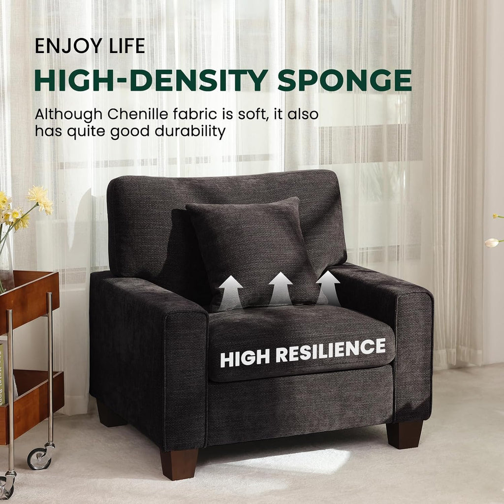 DOPEDIO Modern Living Room Sofa Set, 88.58' Chenille Loveseat with 2 Accent Chairs, Removable Covers, Spring Cushions, Solid Wood Frame, Easy Assembly（88.58inch+2 Single,Dark Grey）