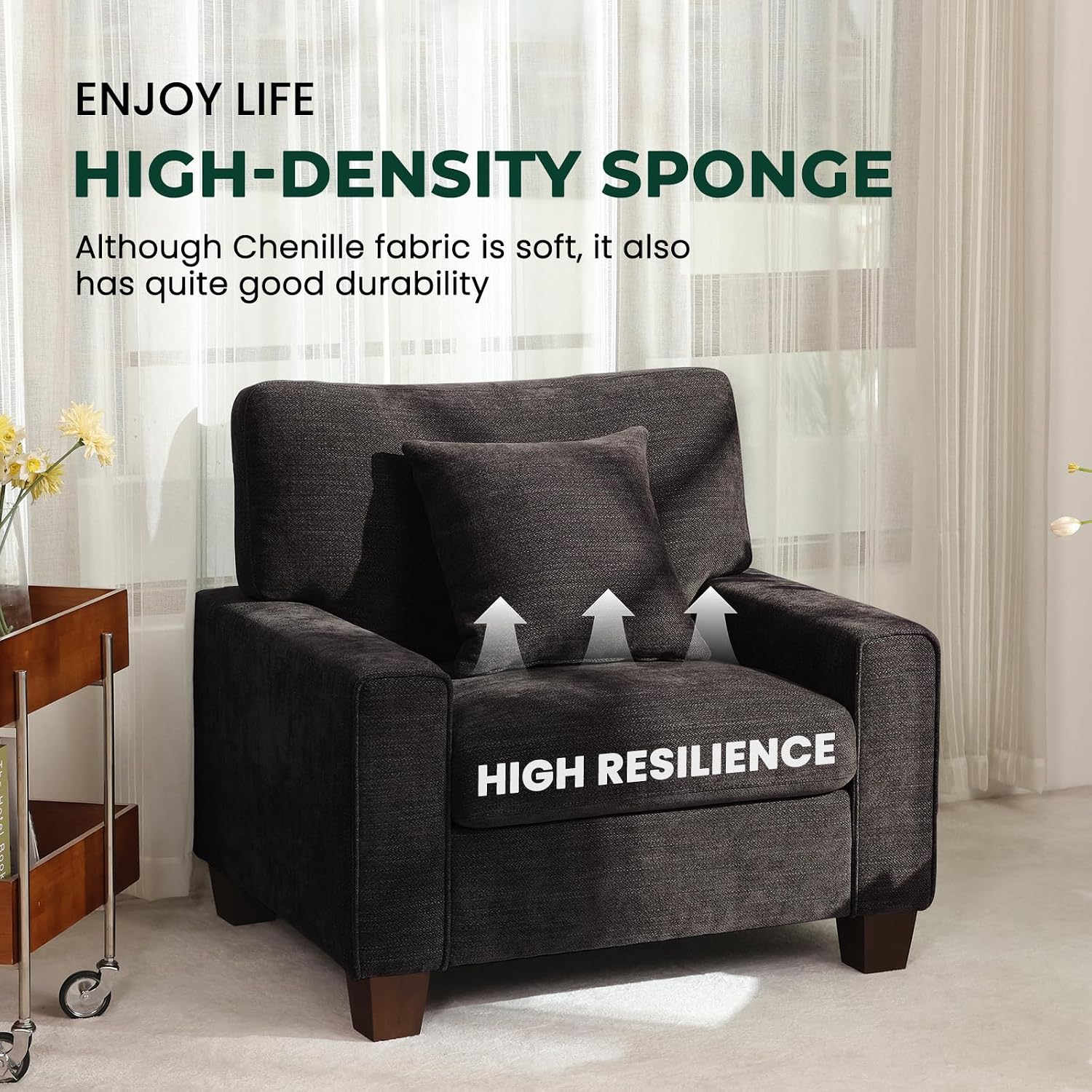 DOPEDIO Modern Living Room Sofa Set, 88.58' Chenille Loveseat with 2 Accent Chairs, Removable Covers, Spring Cushions, Solid Wood Frame, Easy Assembly（88.58inch+2 Single,Dark Grey）