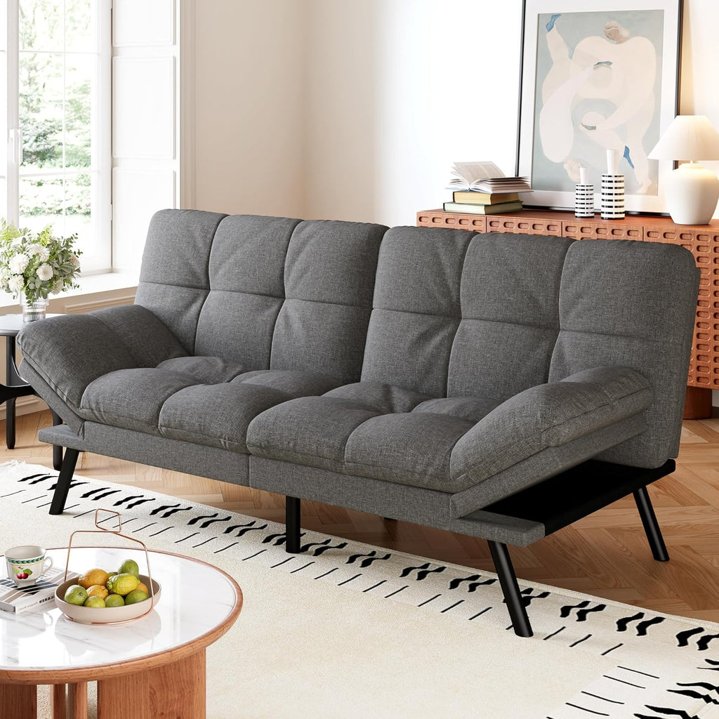 Convertible Futon Sofa Bed,Grey Linen Modern Futon Couch,Memory Foam Loveseat Sleeper Recliner,Detachable Cushion,Adjustable Backrest & Armrest,Couch for Living Room,Office,Apartment