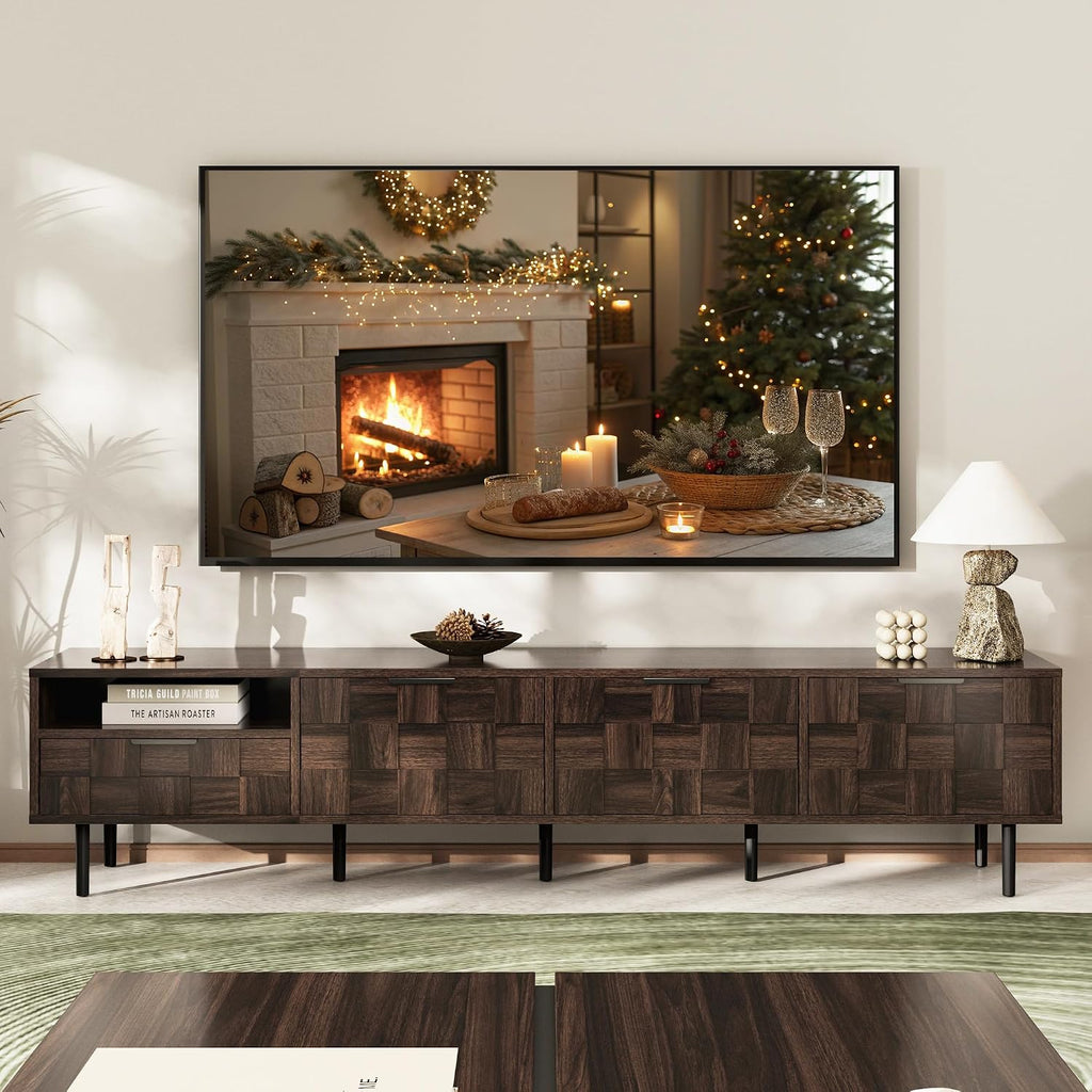 Merax 78' TV Stand for TVs Up to 85', Modern Entertainment Center with Drawer, 3 Doors, and Open Space, Media Console with Unique Mosaic Front Design for Living Room