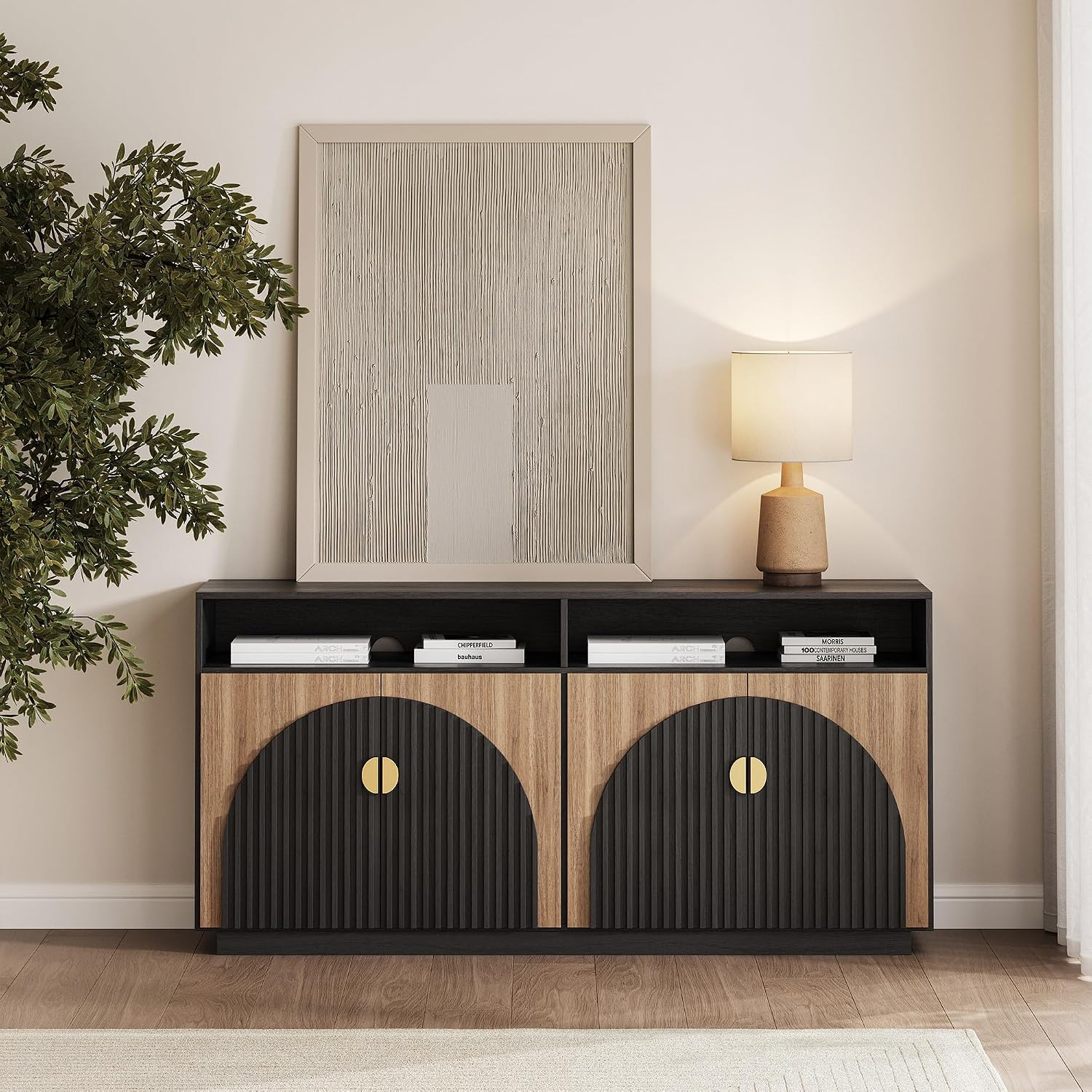 BELLEZE 65 Inch Fluted TV Stand, Mid Century Modern Entertainment Center with Storage Cabinets & Open Shelves, Media Console TV Cabinet with Adjustable Shelves for Living Room, Camel