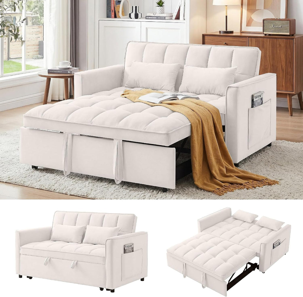3 in 1 Convertible Sleeper Sofa Bed, 55' Pull Out Couches, Modern Loveseat Sleeper Sofa with Adjustable Reclining Backrest & Side Pockets for Living Room, Velvet Fabric, Beige