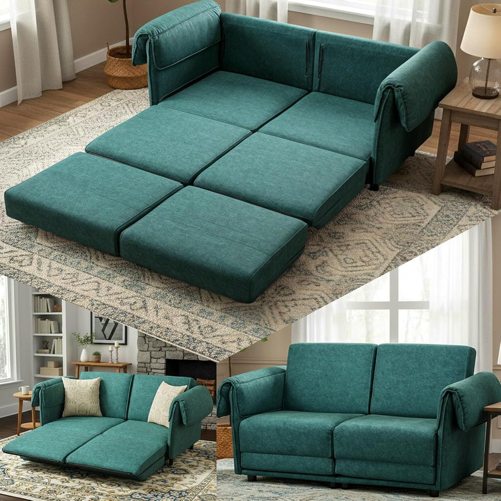 FHFO Convertible Couch Bed Queen, 65' Loveset Small Couch for Small Spaces, 3 in 1 Pull Out Sofa Bed Convertible Sleeper Sofa Comfy Sofabed for Living Room, Bedroom, Apartment (Green)