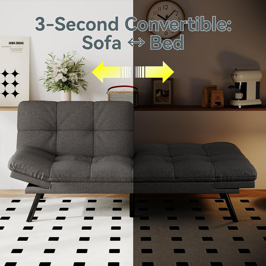 Futon Sofa Bed Convertible Couch, Grey Linen Sofa Bed with Memory Foam, Adjustable Backrest & Armrests, Multifunctional Small Loveseat Sleeper Sofa for Living Room, Apartment, Office