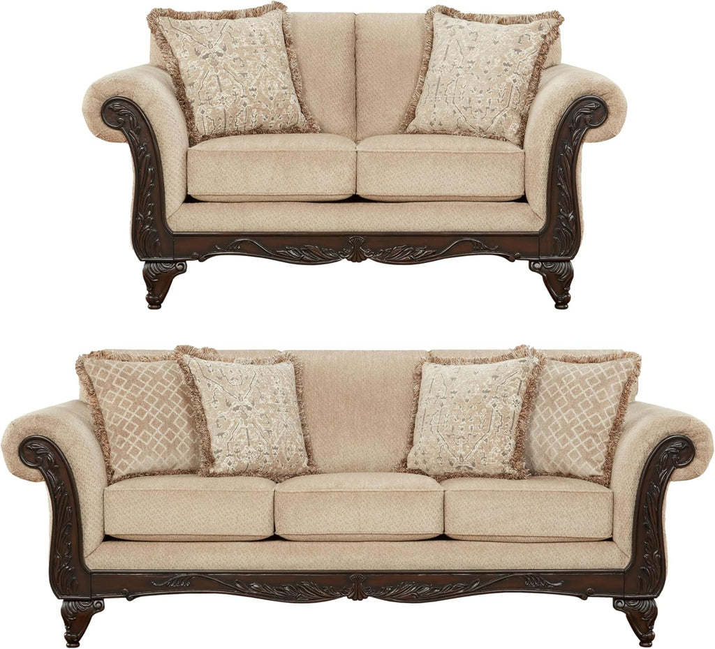Hernen 2-Piece Living Room Set, Carved Wood Frame Sofa and Loveseat, Beige Wheat