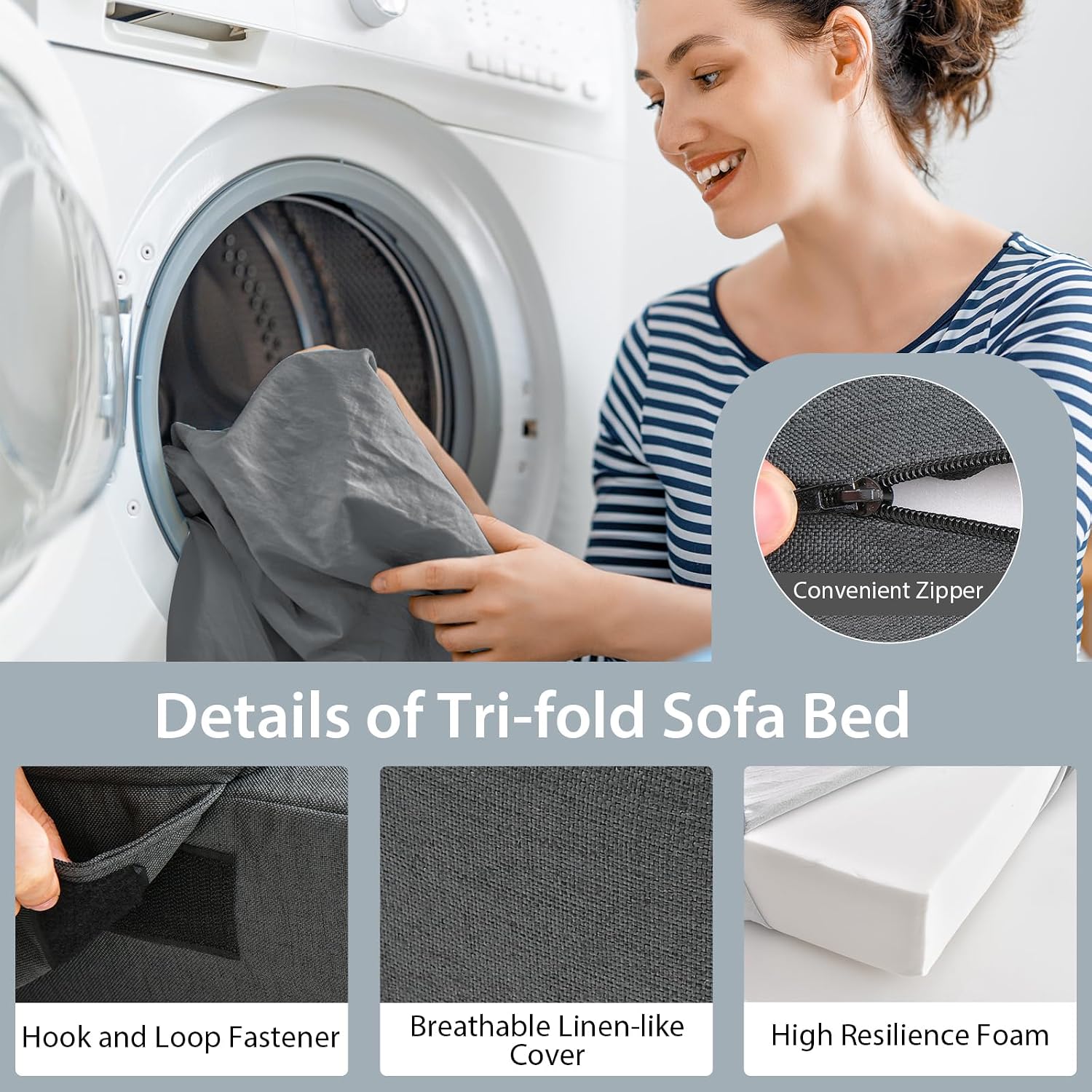 Giantex 6 Inch Folding Sofa Bed Couch with Pillow, Tri-fold Mattress with High-Density Foam, Foldable Floor Couch with Headrest, Portable Guest Bed with Zippered & Washable Cover, Dark Grey