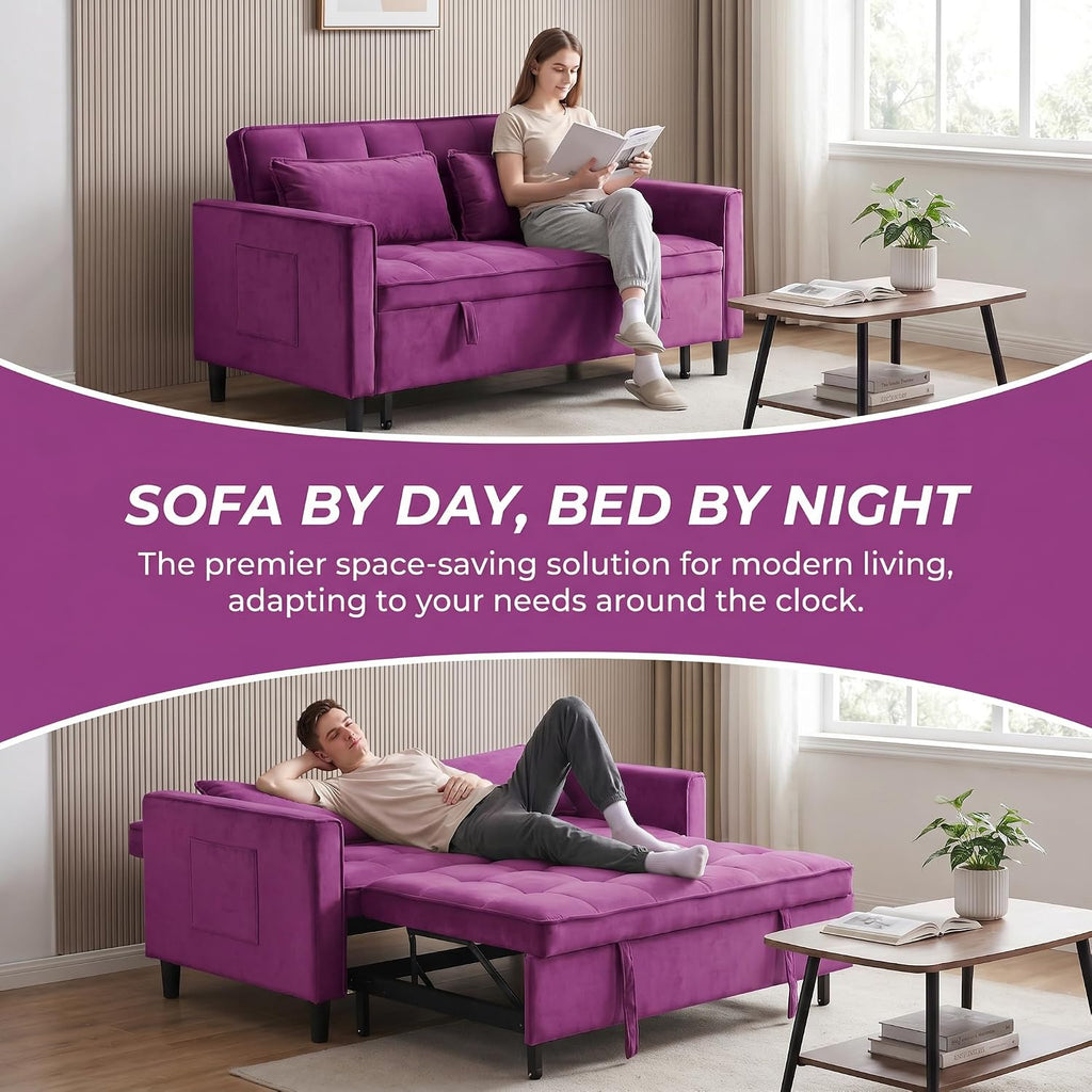 3 in 1 Convertible Sofa Bed, Loveseat Sleeper Sofa with Large Side Pockets, Pull Out Couch with Adjustable Backrest, Easy Assembly, Velvet Couch Bed for Small Spaces, Apartment, Deep Pink