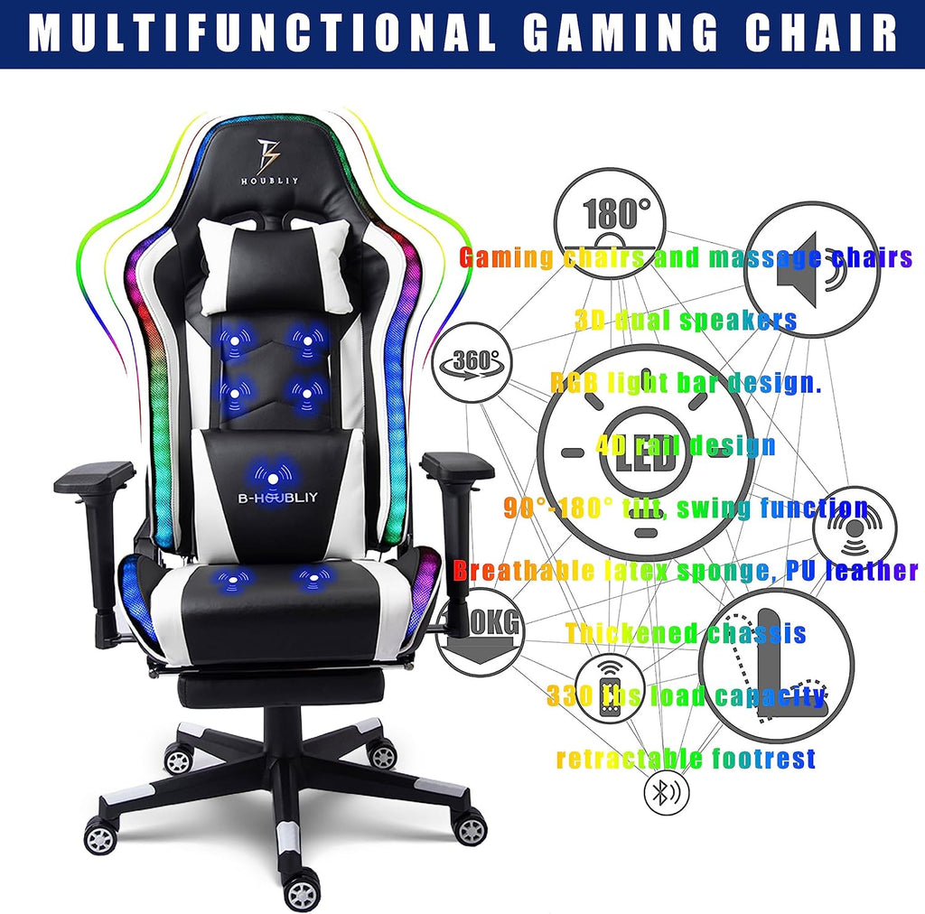 Gaming Chair with Massage and Speakers,Ergonomic Video Gaming Chair with Footrest and Lumbar Support,RGB Racing Gaming Chair, Computer Chair for Adults and Teens, 400lb.,White