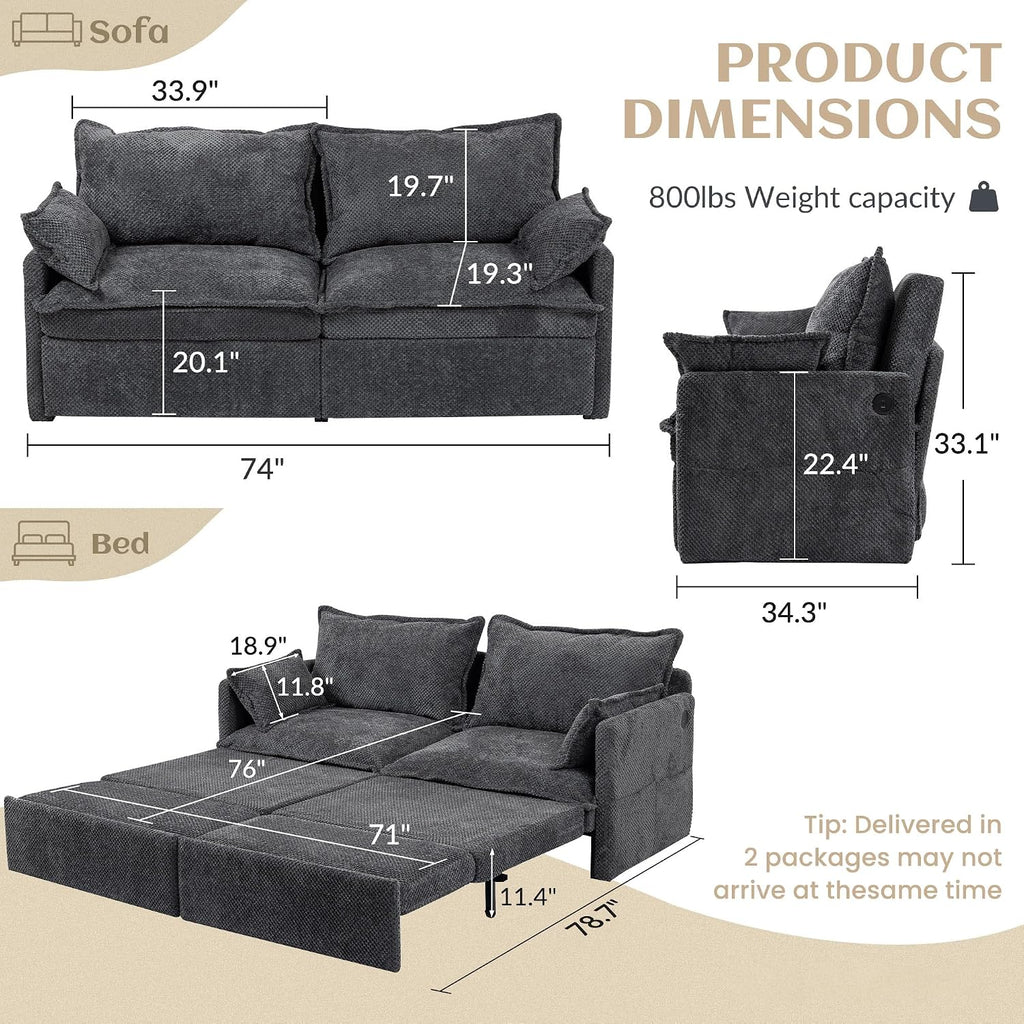 SUNWAVE 74' King Pull Out Sofa Bed -Convertible Sleeper Sofa Bed, Corduroy Pull Out Couch with USB Charging,Side Pockets for Living Room,Bedroom,Small Spaces(Charcoal, 74') | Stay Charging w/ USB, Loveseat by day, Sleeper by night, Space Saving