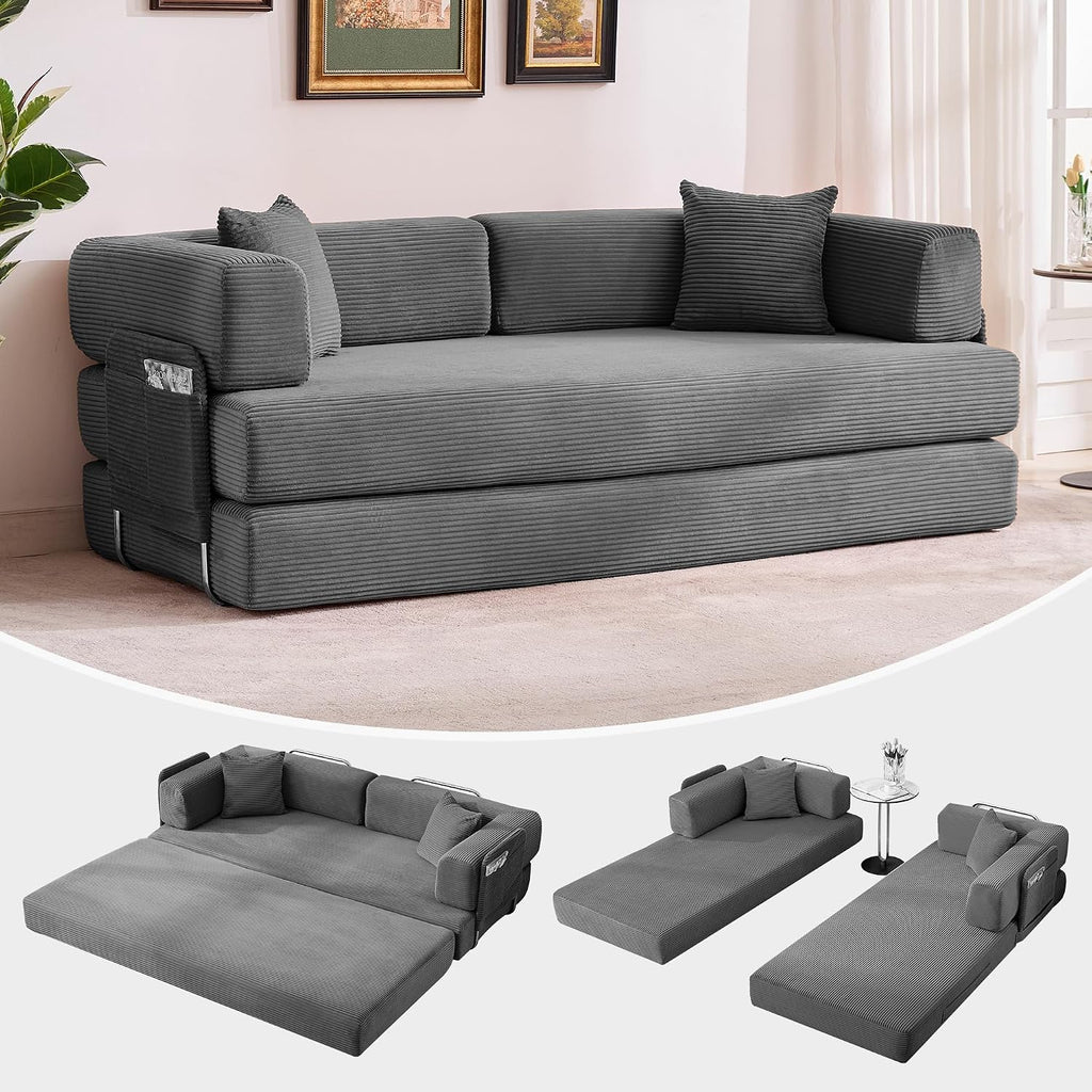 Garvee 5-in-1 Convertible Sofa Bed, 78.8' Modular Corduroy Sleeper with Sturdy Frame & No Assembly, Multi-Functional Futon for Small Space, Living Room & Guest Room (Gray)