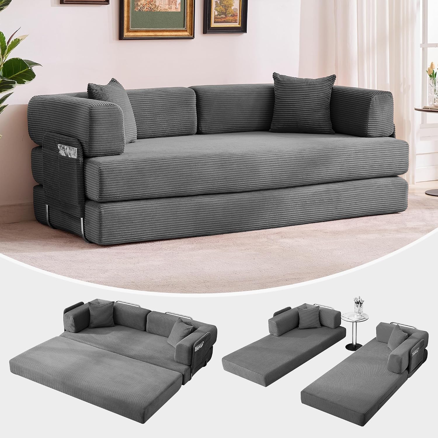 Garvee 5-in-1 Convertible Sofa Bed, 78.8' Modular Corduroy Sleeper with Sturdy Frame & No Assembly, Multi-Functional Futon for Small Space, Living Room & Guest Room (Gray)