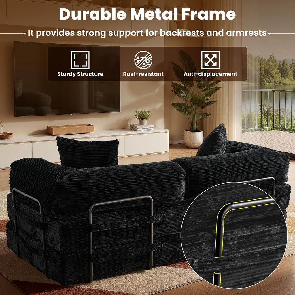 ovios 81' Folding Sofa Bed, Foldable Sleeper Boneless Couch with Pull Out Beds, Modular Convertible Floor Futon Loveseat Lounger for Living Room (Corduroy, Black)