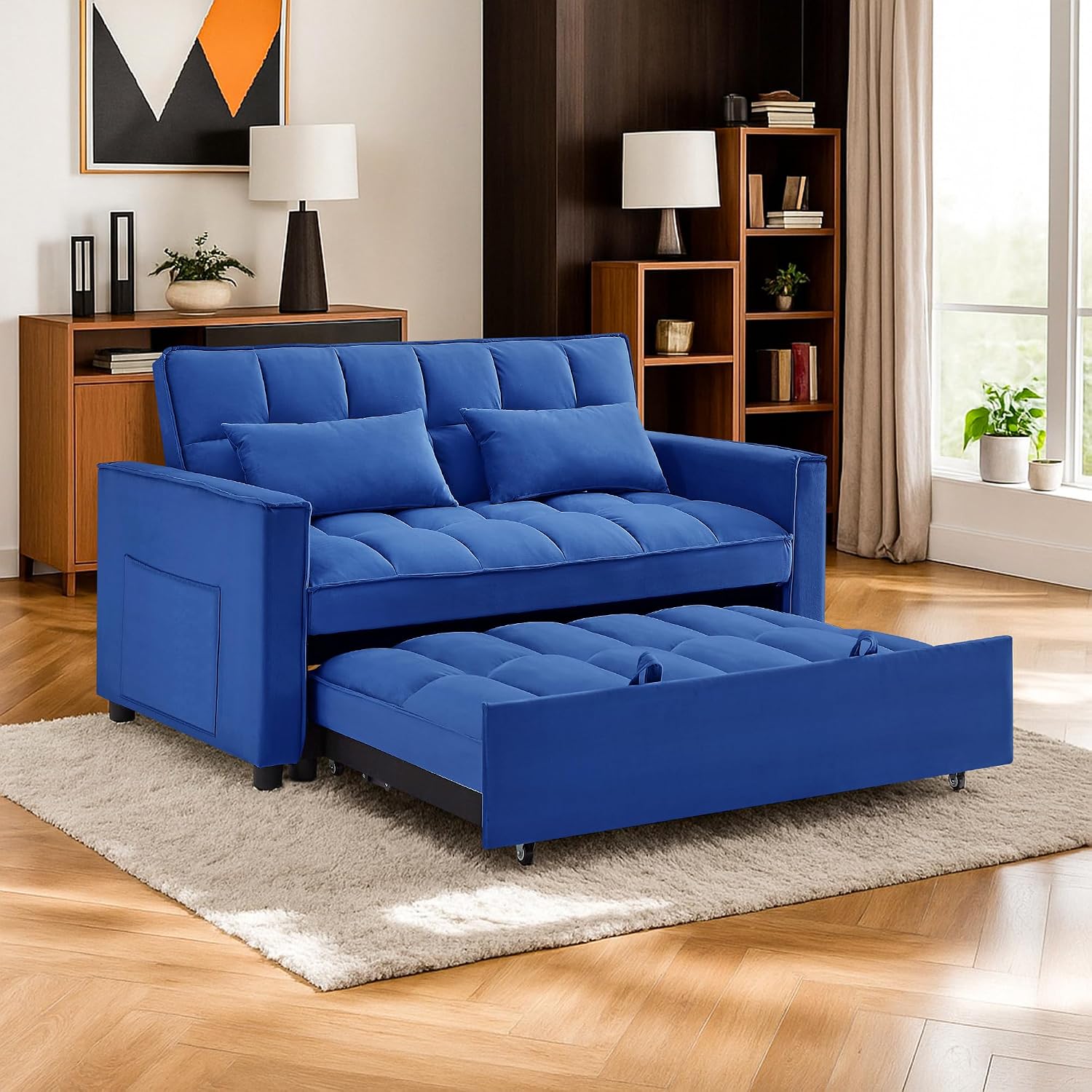3 in 1 Convertible Sleeper Sofa Bed,Futon Pull Out Couch with Adjustable Backrest,Velvet Fabric Loveseat Sofa with Side Pocket for Bedroom, Living Room