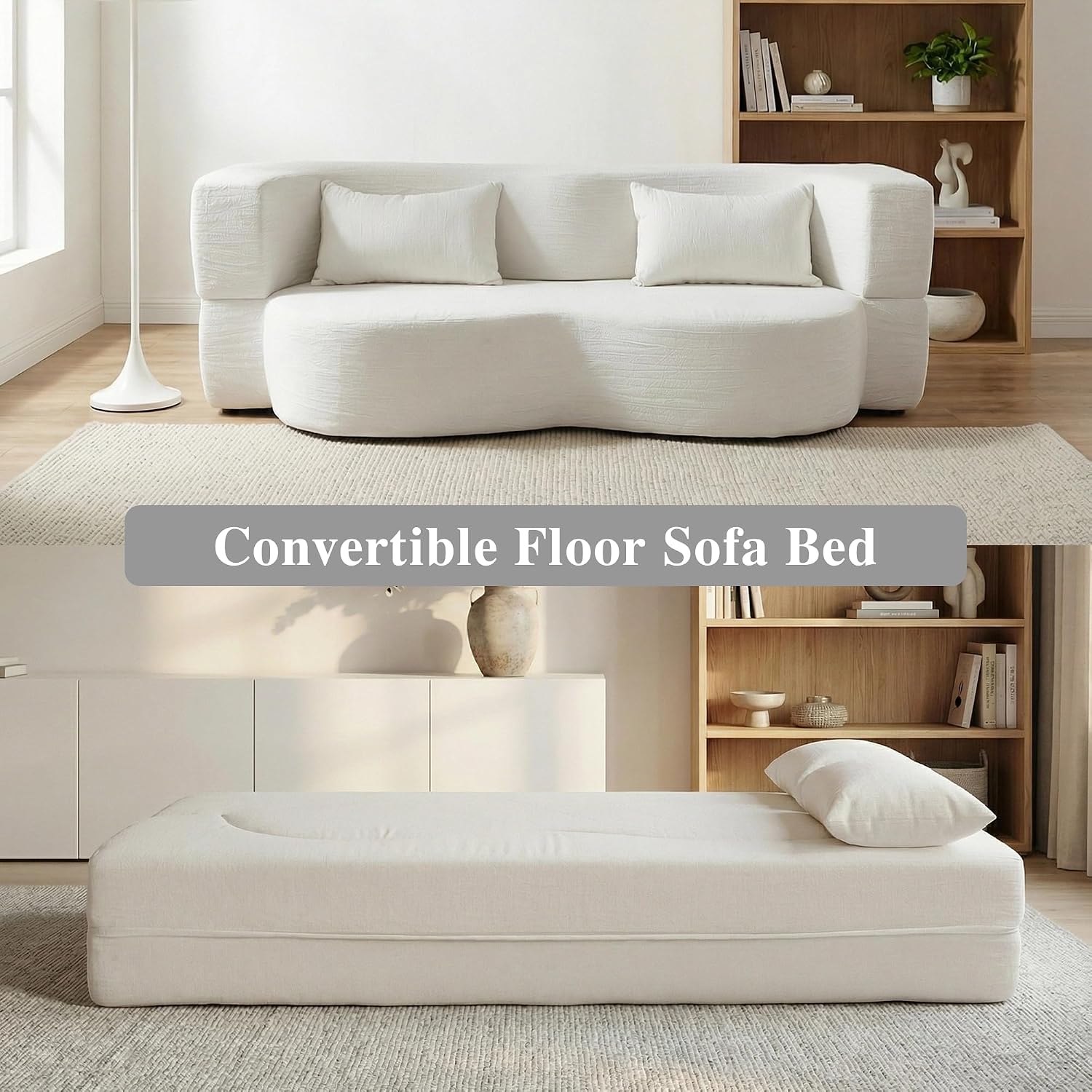 2-in-1 Convertible Sofa,78 Inch Folding Sofa Bed Pull Out Sofa with 2 Pilow Lazy Sofa, Teddy Loveseat Sleeper Floor Sofa for Apartment Children's Room Bedroom Living Room (Teddy, Beige)
