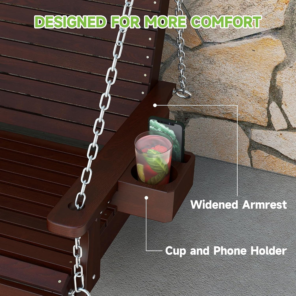 Real Relax Front Porch Swing, Wooden 3 Person Outdoor Hanging Patio Swing Chair with Cup Holders, Upgraded 22' Deep Seat Bench, Heavy Duty 880 Lbs for Courtyard, Garden, Backyard 5 Ft (Brown)
