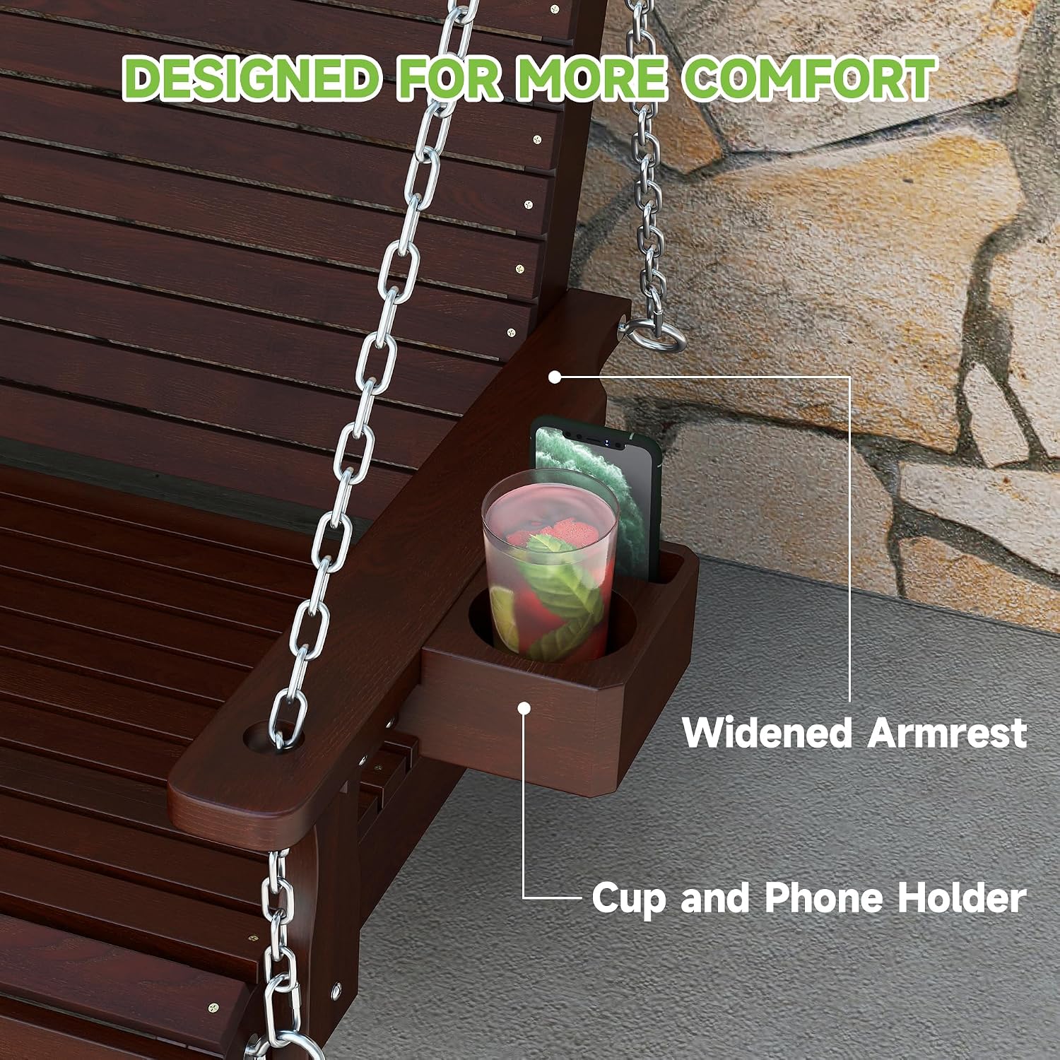 Real Relax Front Porch Swing, Wooden 3 Person Outdoor Hanging Patio Swing Chair with Cup Holders, Upgraded 22' Deep Seat Bench, Heavy Duty 880 Lbs for Courtyard, Garden, Backyard 5 Ft (Brown)