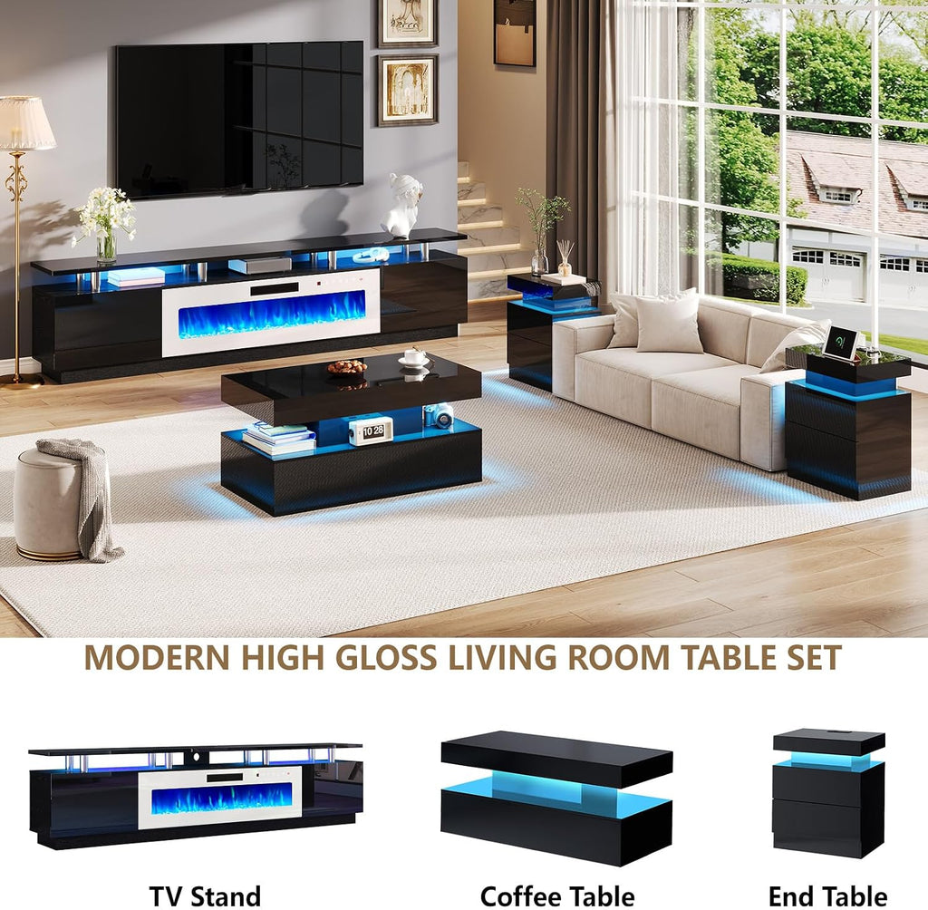 AMERLIFE 90' 2 Tier Fireplace TV Stand with 50' Fireplace, Modern Large Entertainment Center LED Lights, Media Console Table Storage Cabinet for TVs Up to 100', Living Room, Black & White
