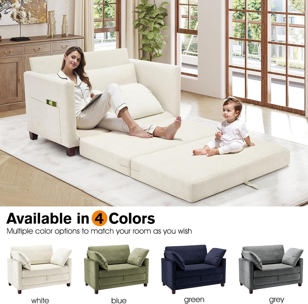 51' Loveseat Sleeper Sofa Bed, Chenille Convertible Floor Sofa Bed for Small Spaces, Folding Couch Bed with Deep Seat, 2 Pillows & Solid Frame, Pull Out Floor Couch for Living Room, Beige
