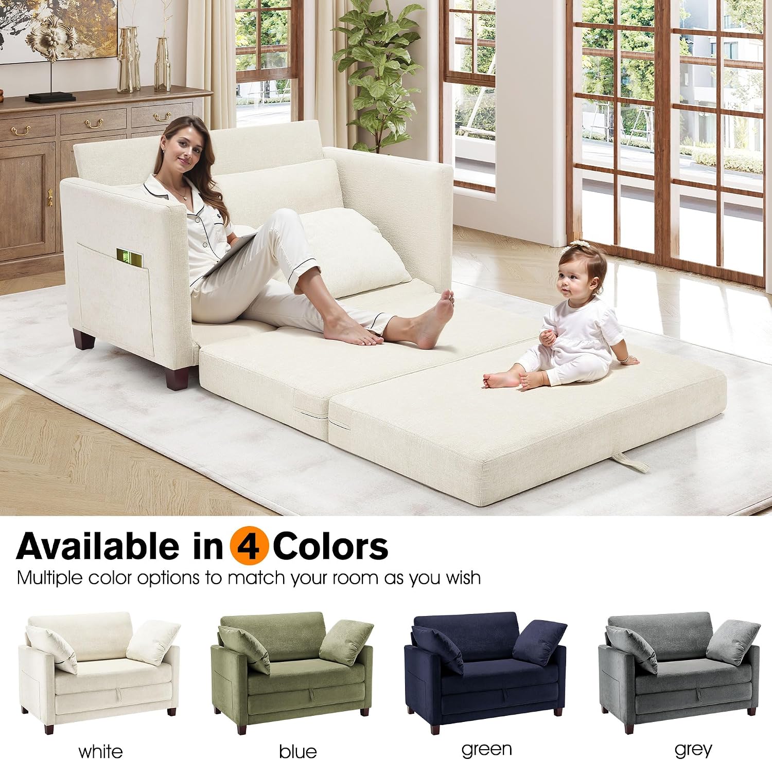 51' Loveseat Sleeper Sofa Bed, Chenille Convertible Floor Sofa Bed for Small Spaces, Folding Couch Bed with Deep Seat, 2 Pillows & Solid Frame, Pull Out Floor Couch for Living Room, Beige