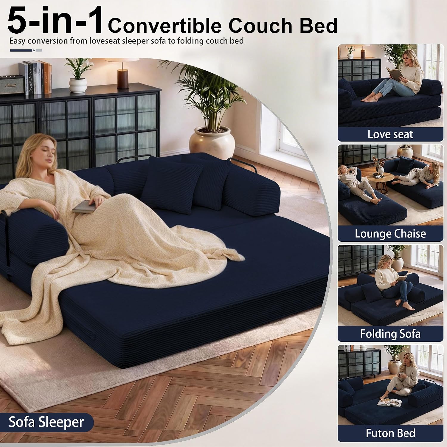 JJJ 78 inch Sofa Bed 4-in-1 Boneless Convertible Corduroy Sleeper Folding Couch with Fixed-Shape Frame and 2 Futons No Assemble Required 3 Seater Upholstered for Living Room (Blue, 78 inch)