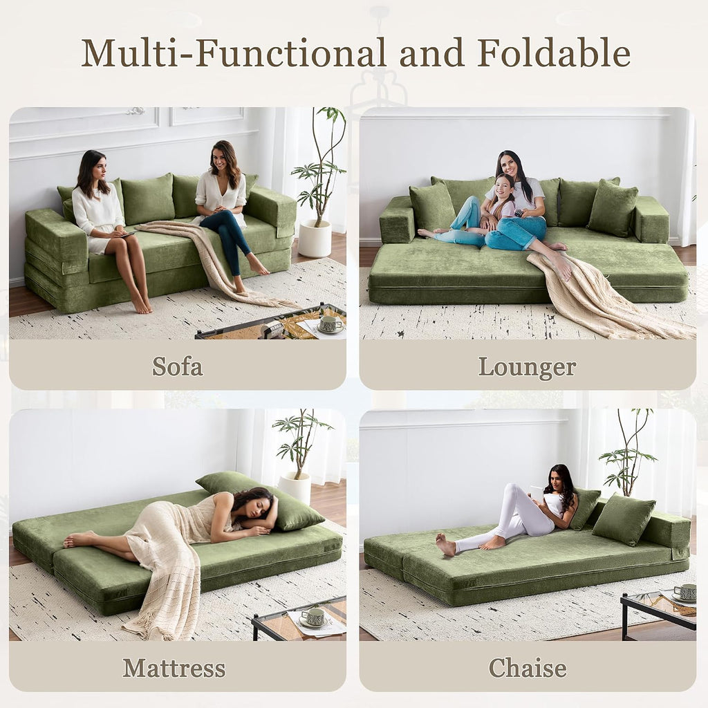 79' Convertible Folding Sofa Bed Queen, Sleeper Sofa Couch with Armrest and Pillows, Chenille Fold Out Floor Chaise Lounge, Comfy Foldable Futon Mattress For Living Room, Bedroom (Green 7.87')