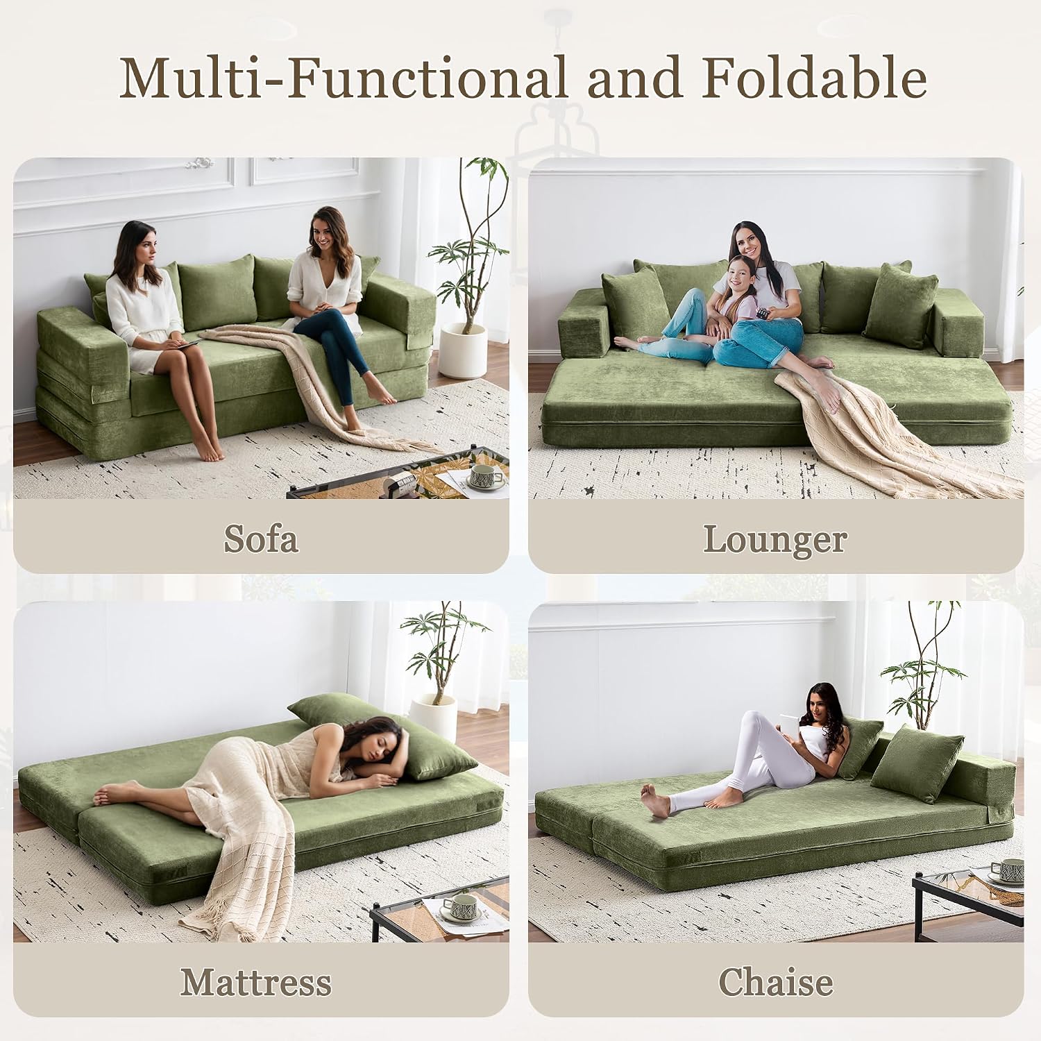 79' Convertible Folding Sofa Bed Queen, Sleeper Sofa Couch with Armrest and Pillows, Chenille Fold Out Floor Chaise Lounge, Comfy Foldable Futon Mattress For Living Room, Bedroom (Green 7.87')