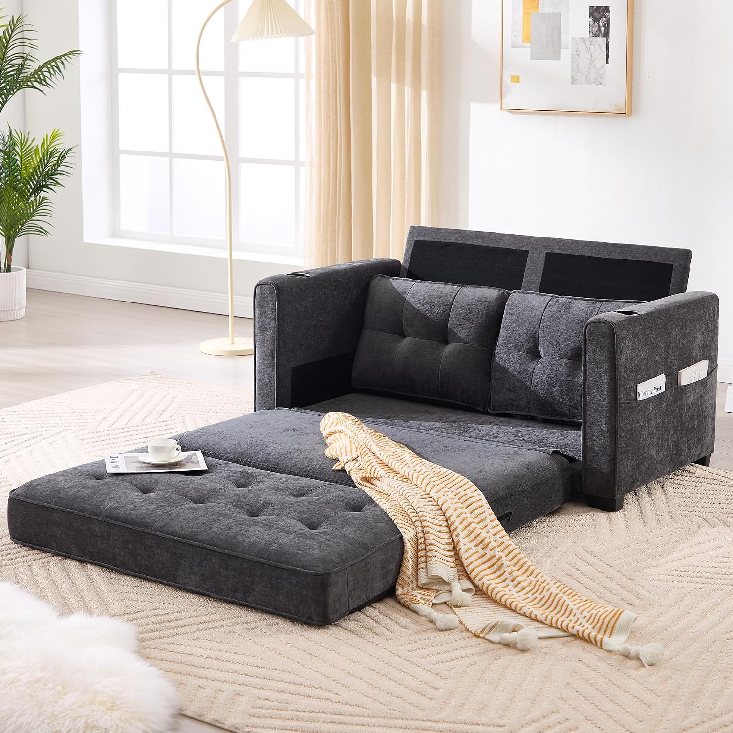Convertible Sofa Bed, Pull Out Loveseat Sleeper Couch,Linen Fabric 2 in 1 Folding Couch Bed, Fold Out Floor Futon Couches with Cup Holder for Living Room, Bedroom,Small Space, Dark Grey