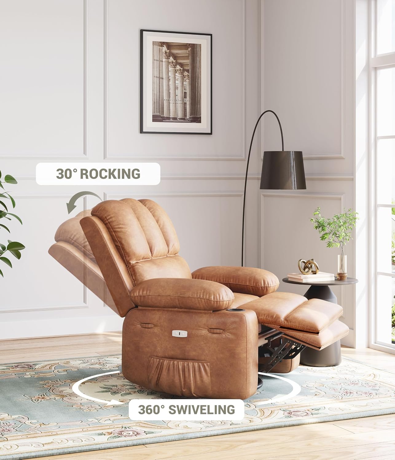 Electric Recliner Chair for Living Room, 360° Swivel Electric Massage Recliner Chair, with Massage & Heat, USB Port, Cup Holders, Side Pocket, Ergonomic Lounge, Adults, Nursery or Bedroom