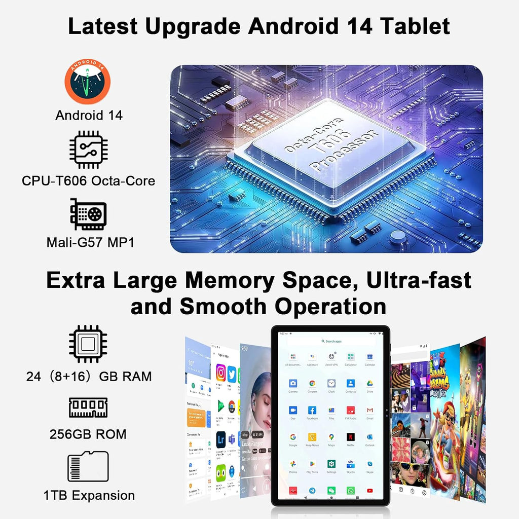 Tablet 11 inch Android 14 Tablets, 24GB+256GB+1TB Expand, Android Tablet with 8000mAh, Octa-Core, 13MP+5MP Camera, IPS Touchscreen, 5G WiFi, BT5.0, Widevine L1, GPS - Metal Black