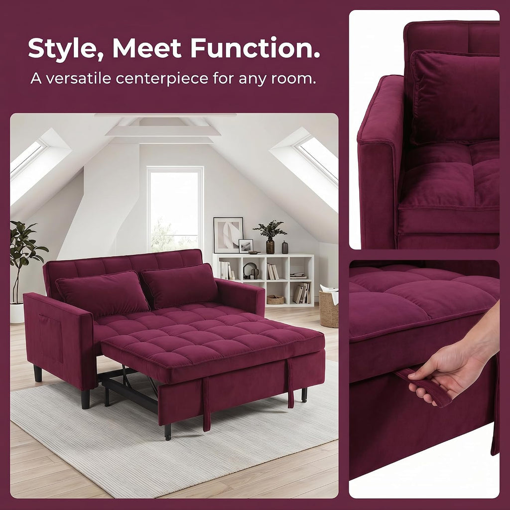 3 in 1 Convertible Sofa Bed, Loveseat Sleeper Sofa with Large Side Pockets, Pull Out Couch with Adjustable Backrest, Easy Assembly, Velvet Couch Bed for Small Spaces, Apartment, Fuchsia