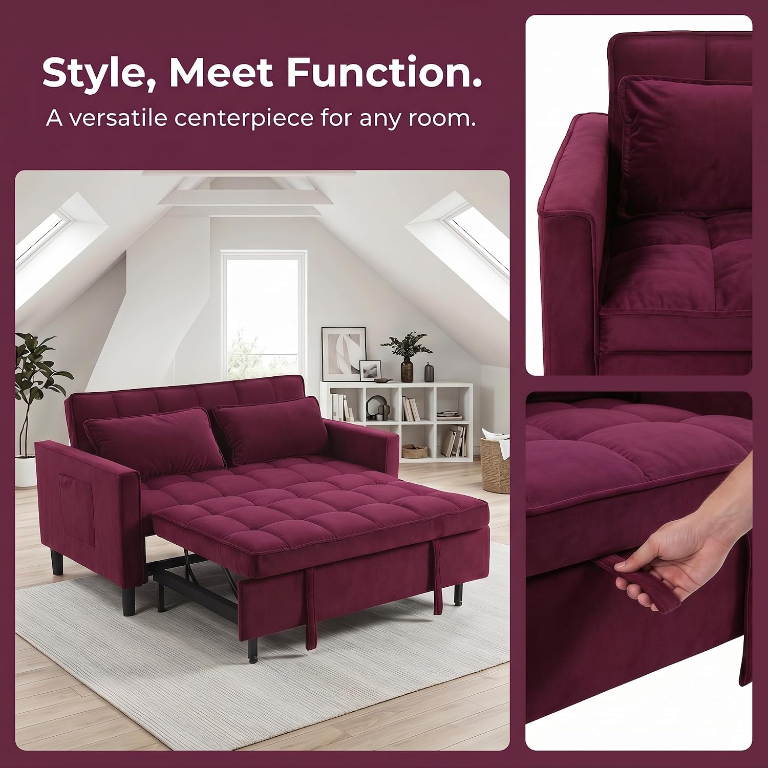 3 in 1 Convertible Sofa Bed, Loveseat Sleeper Sofa with Large Side Pockets, Pull Out Couch with Adjustable Backrest, Easy Assembly, Velvet Couch Bed for Small Spaces, Apartment, Fuchsia