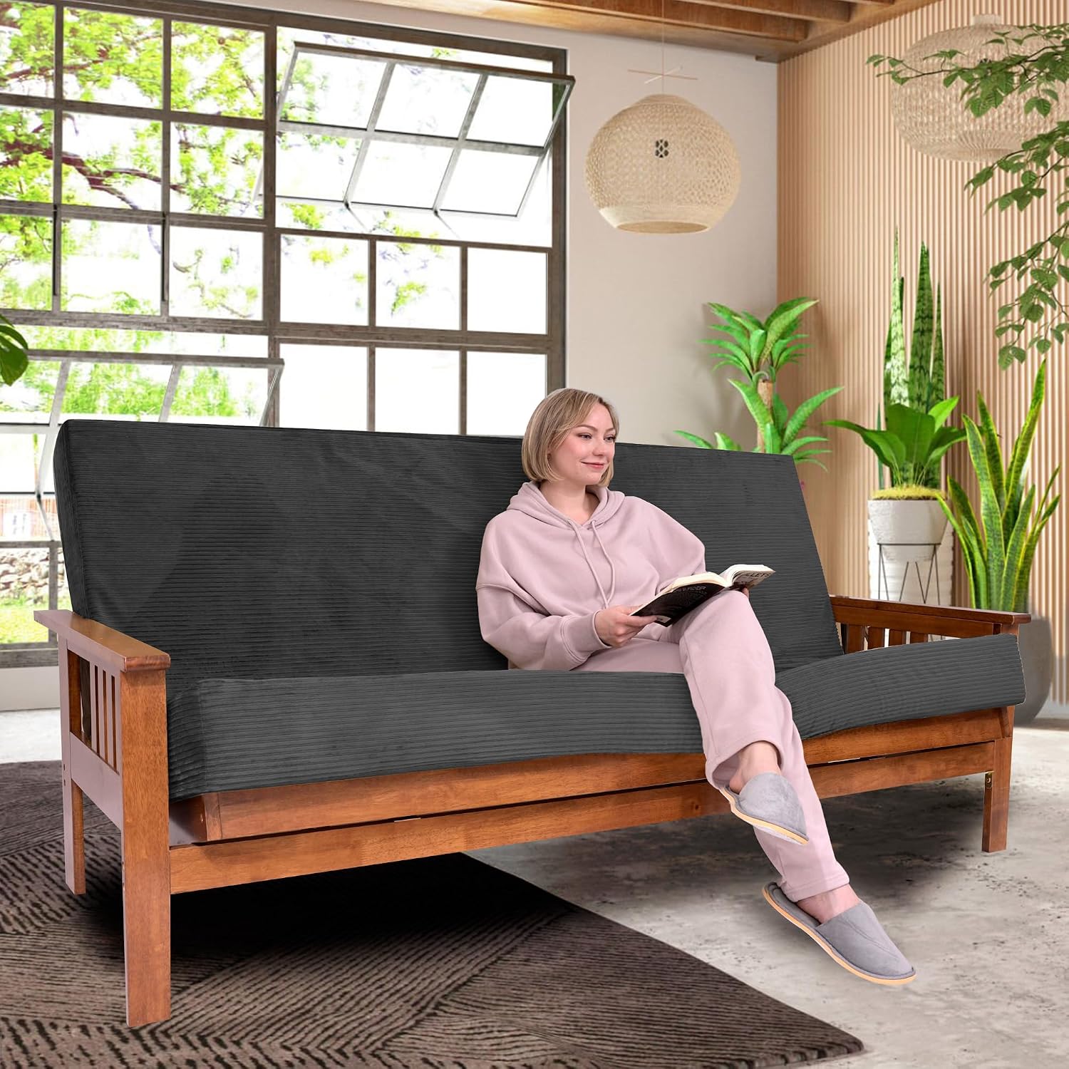 Foamma Memory Foam Futon Mattress, Double-Sided Foldout Couch Futon Mattress, 6' x 54' x 80' Full XL (Charcoal), Corduroy Fabric - Heavy Duty Sofa Bed, Thick Corded Cushion (Frame NOT Included)