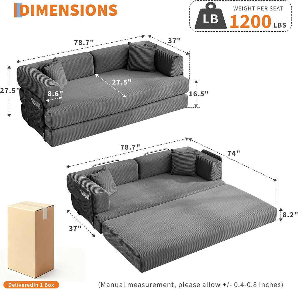 Garvee 5-in-1 Convertible Sofa Bed, 78.8' Modular Corduroy Sleeper with Sturdy Frame & No Assembly, Multi-Functional Futon for Small Space, Living Room & Guest Room (Gray)