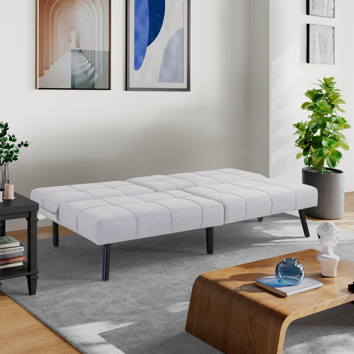 Serta Larken 65' Convertible Futon Sofa, Short Twin Size, Modern, Center Console w/Cup Holders, Dream Coil Comfort, Fingerguard Pinch Point Protection, Soft Woven Polyester Fabric, Light Gray