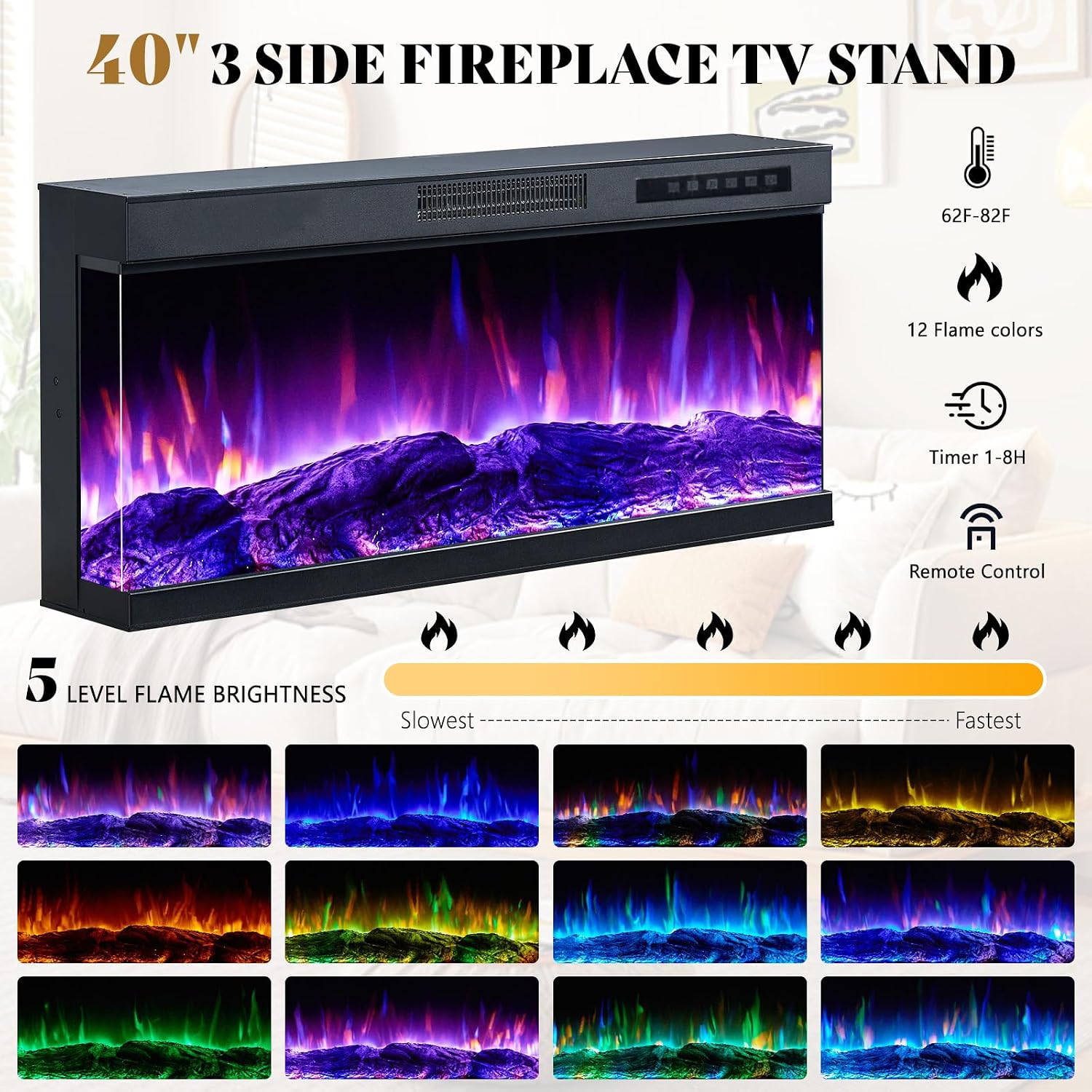 AMERLIFE 75in 3-Sided Glass Fireplace TV Stand for TVs up to 85', Rustic Fireplace Media Entertainment Center Console Table Cabniet with Glass Door Closed Storage, Distressed White