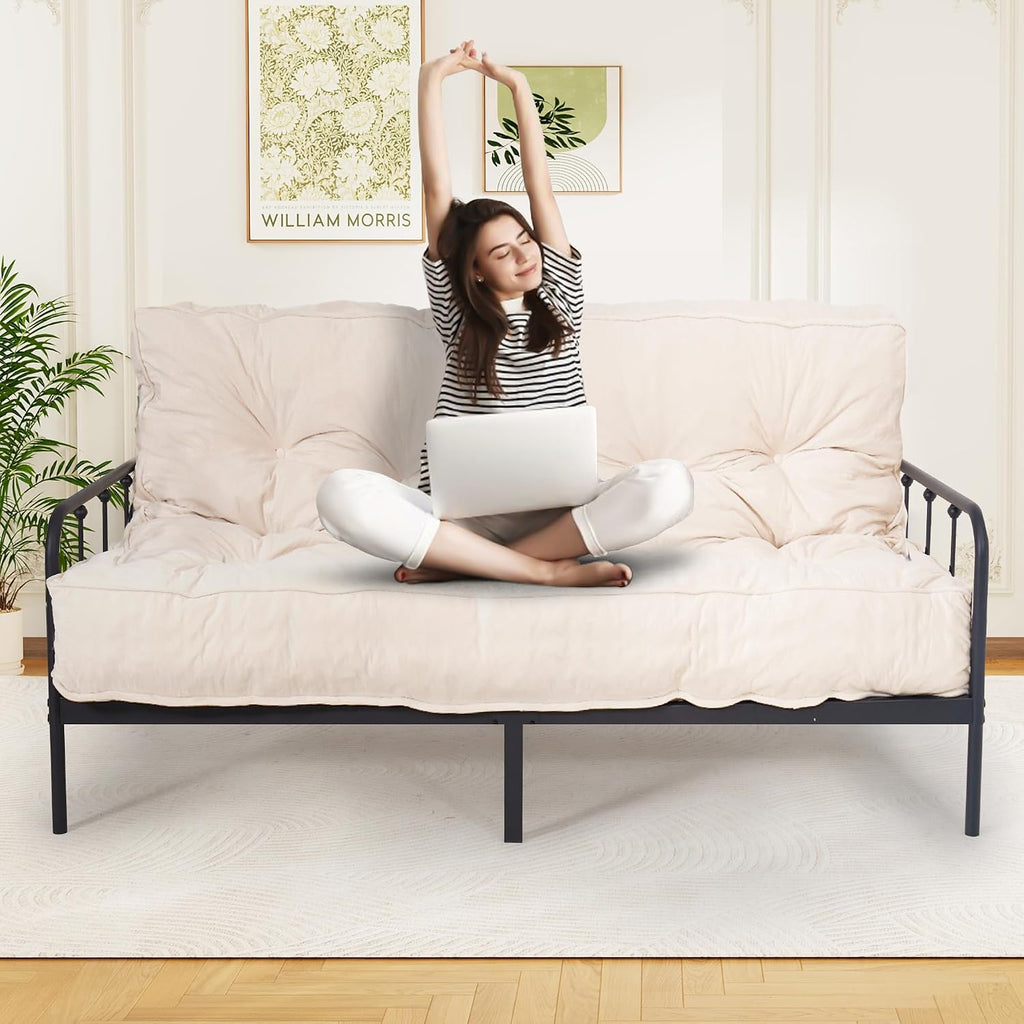 DHMAKER 8-inch Futon Mattress Queen Size, Thick Futon Sofa Couch Bed Foldable Floor Sleeping Pad for Adults, Portable Floor Bed Mattress, Velvet Tatami Mat (Frame Not Included),White, 60'x80'