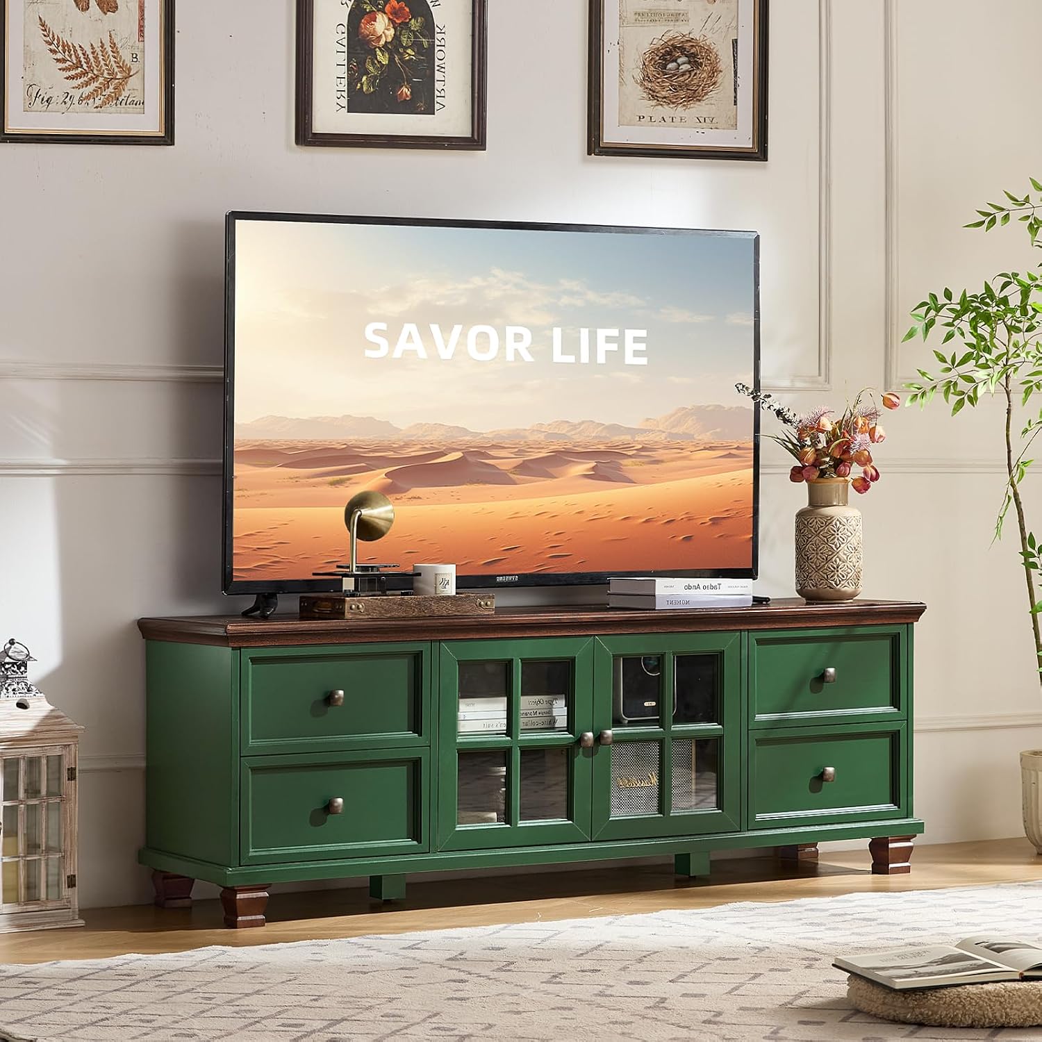 SAVOR LIFE Farmhouse TV Stand for Living Room, Rustic Green Entertainment Center with Storage Cabinet,Wood TV Console with 4 Drawers,Modern TV Stands for Bedroom,Green