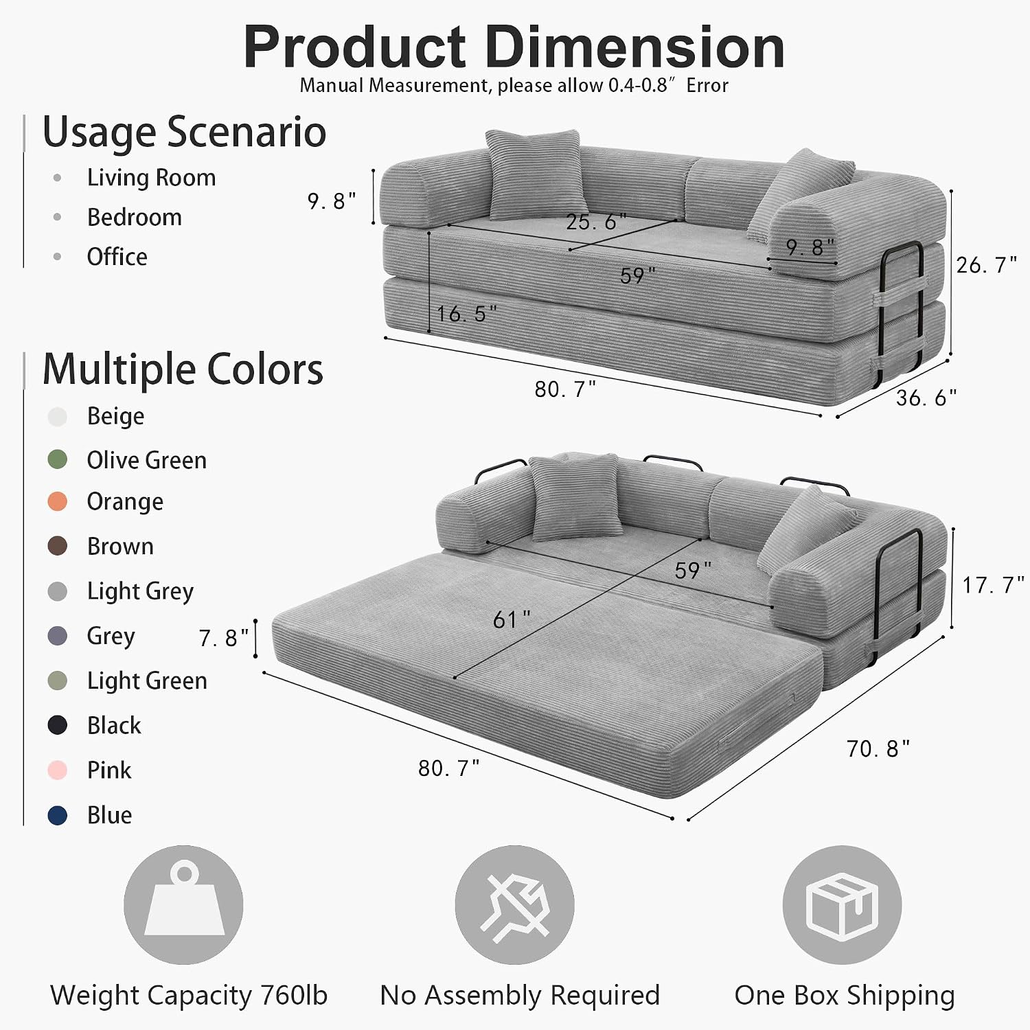 JJJ 78 inch Sofa Bed 4-in-1 Boneless Convertible Corduroy Sleeper Folding Couch with Fixed-Shape Frame and 2 Futons No Assemble Required 3 Seater Upholstered for Living Room (Light Grey, 78 inch)