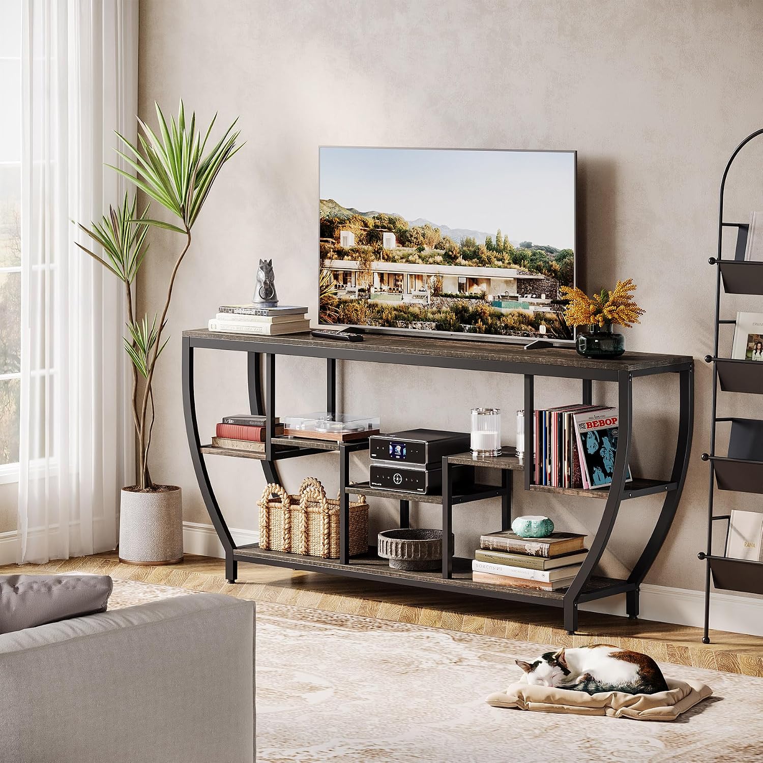 Tribesigns TV Stand for Televisions up to 80 Inches, 70.9 Inches Entertainment Center with Storage Shelves, Wood TV Media Console Table Unit for Living Room, Bedroom, Dark Grey