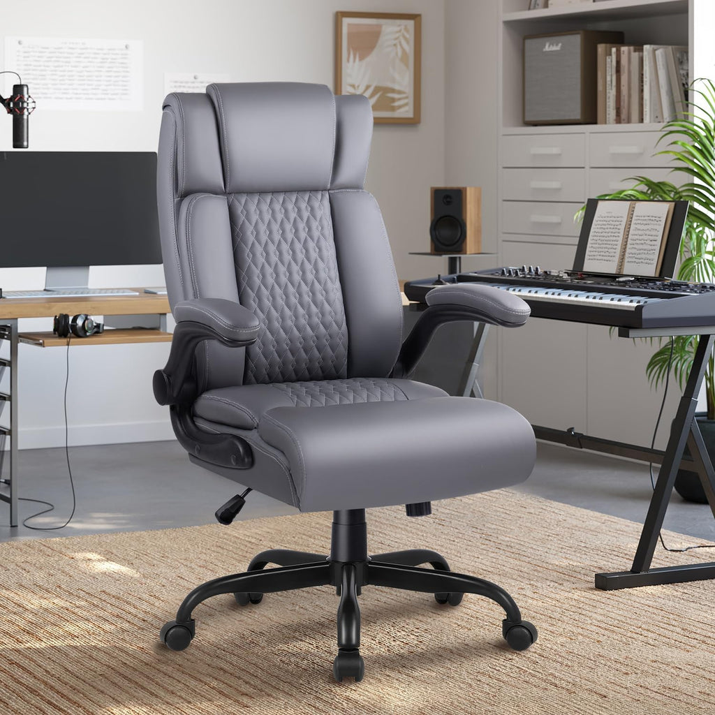 OFIKA Executive Office Chair Heavy Duty Office Chair Padded Flip Up Armrest, Computer Gaming Chair PU Leather Desk Chair, High Back Big and Tall Office Chair with Lumbar Support (Gray)