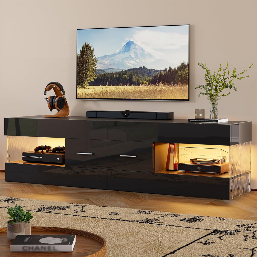Bestier Black TV Stand for 55/60/65 Inch TV, High Gloss Modern TV Stand with Stone-Patterned Side Panels, LED Entertainment Center with Large Drawer, TV Consoles for Living Room, Bedroom