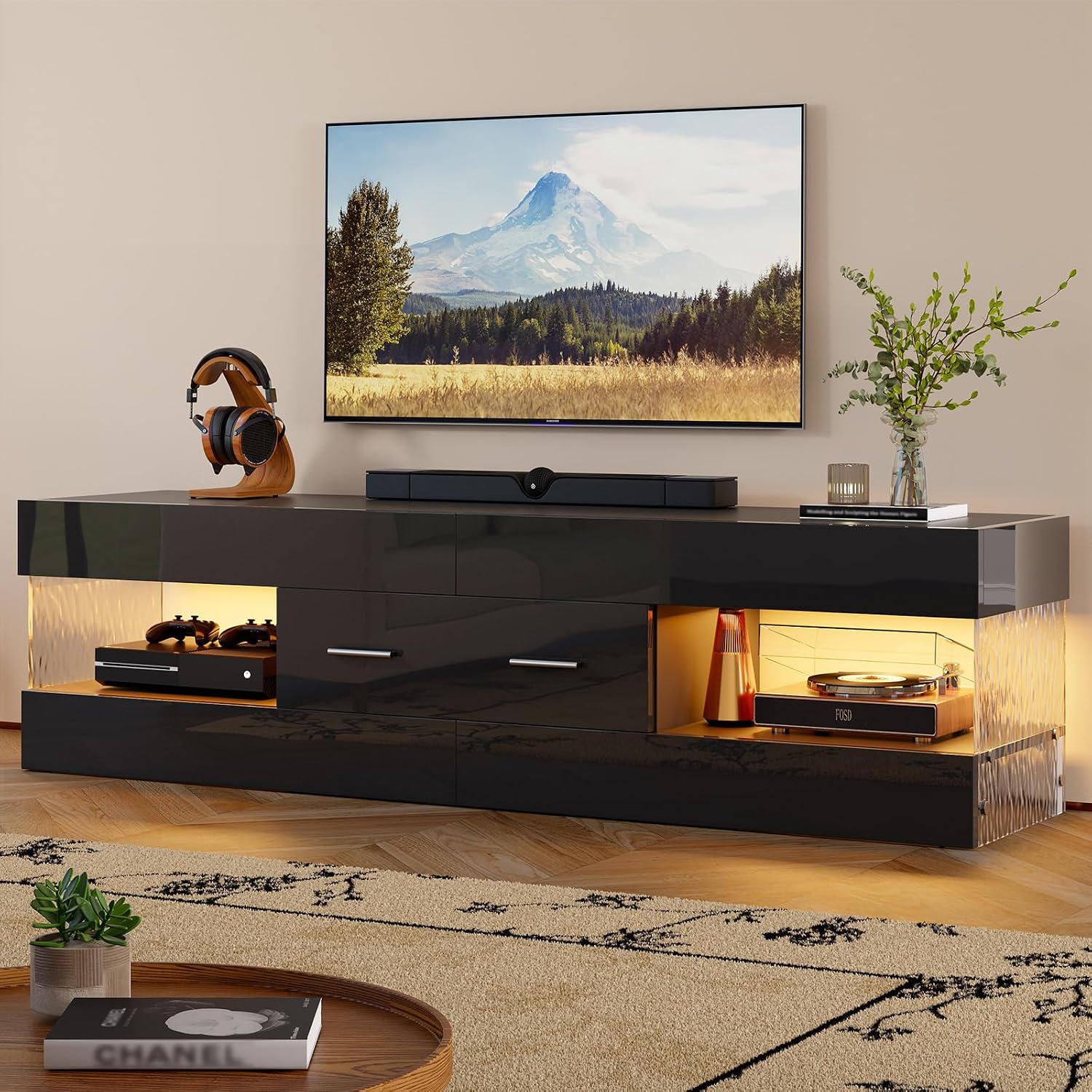 Bestier Black TV Stand for 55/60/65 Inch TV, High Gloss Modern TV Stand with Stone-Patterned Side Panels, LED Entertainment Center with Large Drawer, TV Consoles for Living Room, Bedroom
