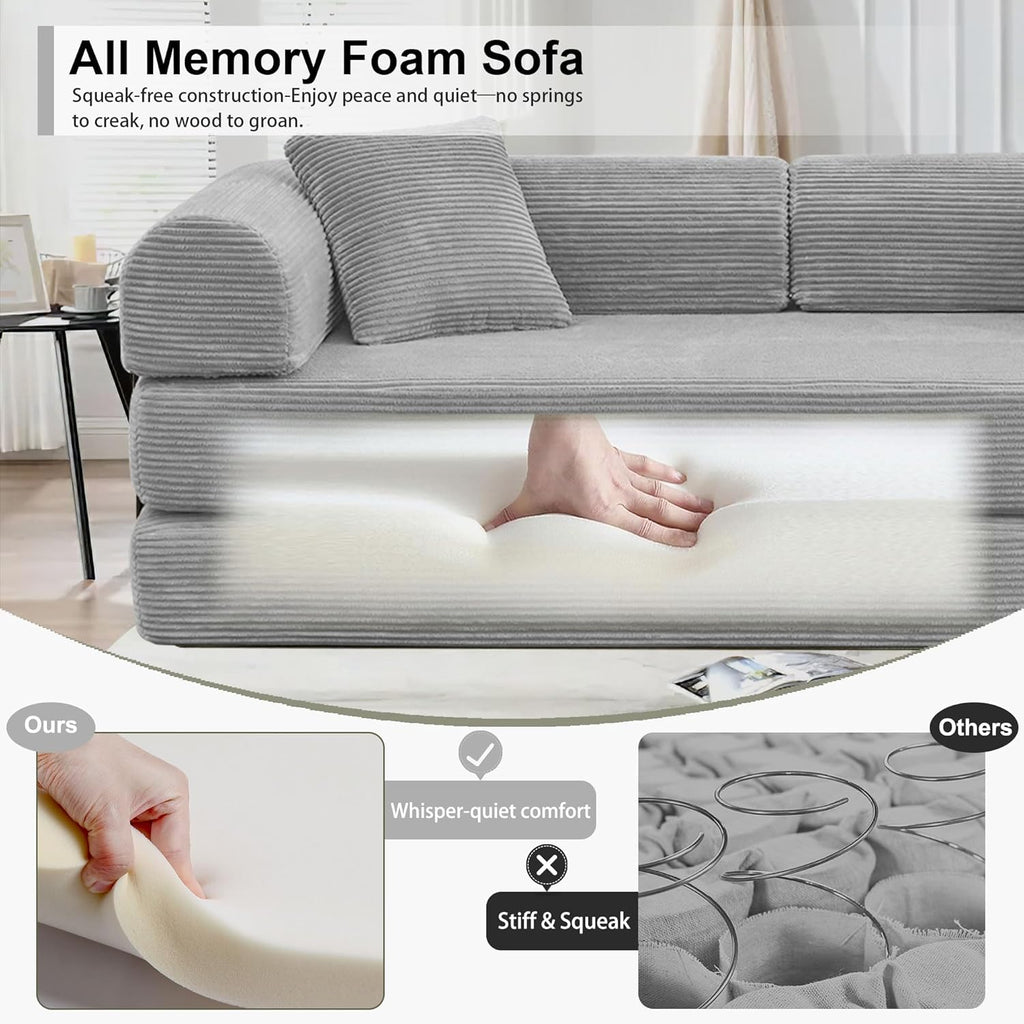 JJJ 63 inch Sofa Bed 4-in-1 Boneless Convertible Corduroy Sleeper Folding Couch with Fixed-Shape Frame and 2 Futons No Assemble Required 3 Seater Upholstered for Living Room (Light Grey, 63 inch)
