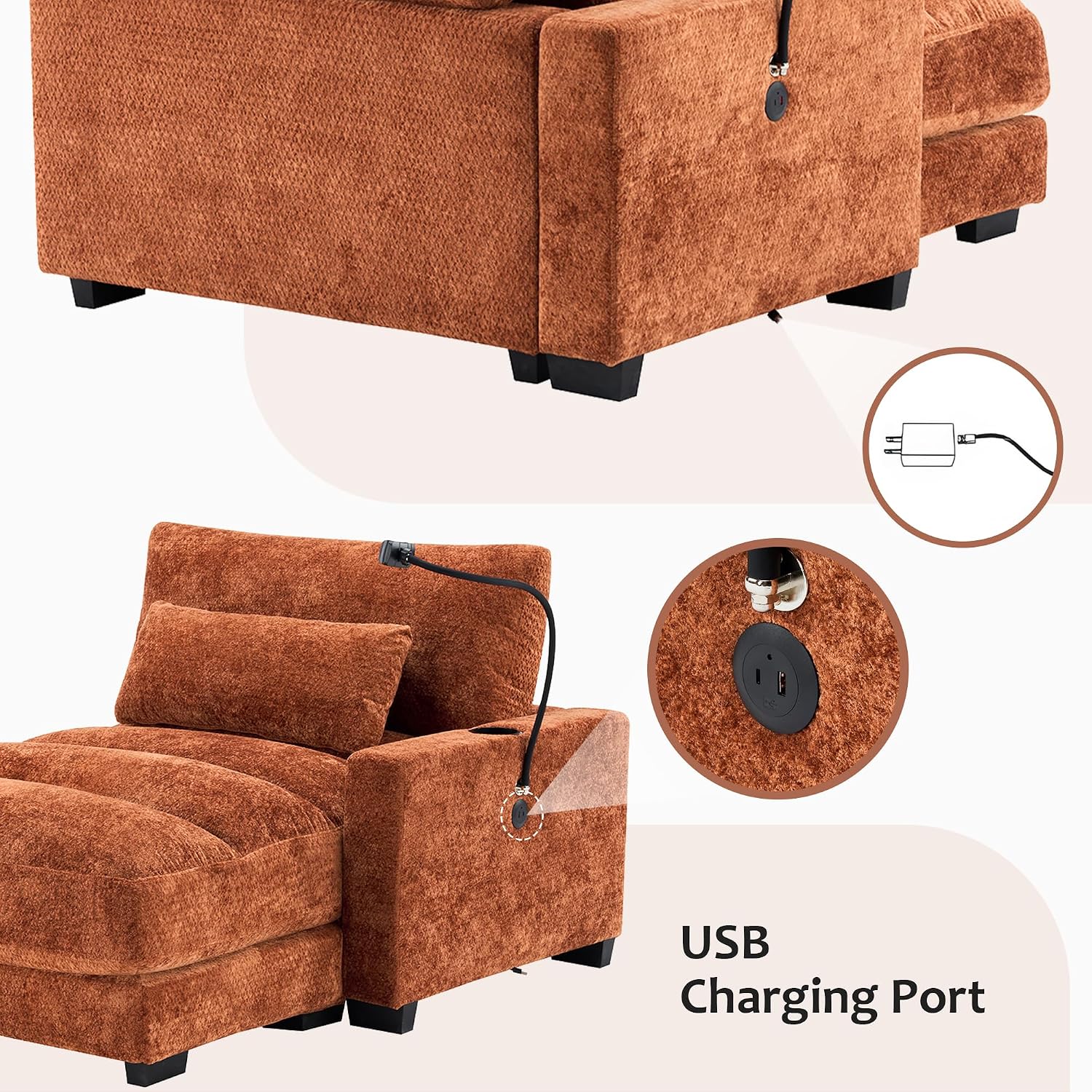 Yoglad Oversized Recliner Lounge Chair with USB Charging & Phone Holder - 400lb Heavy Duty Soft Chenille Reading Chair for Adults, Perfect for Small Spaces in Bedroom/Living Room, Orange