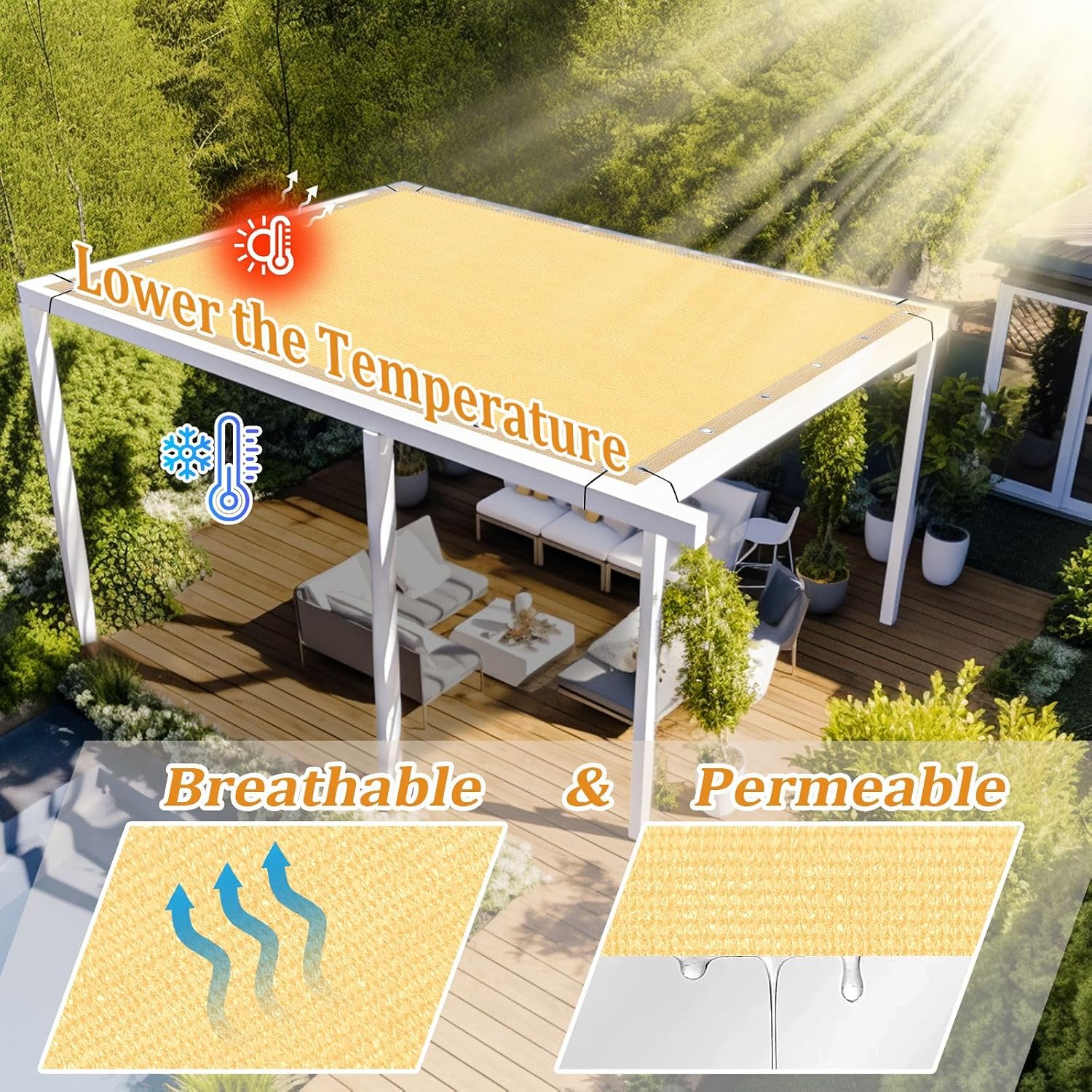 Shade&Beyond Customized Size 12' X 16' Shade Cloth with Grommets, 90% UV Protection Pergola Shade Cover Mesh Tarp Sun Screens for Patio GN09, Sand