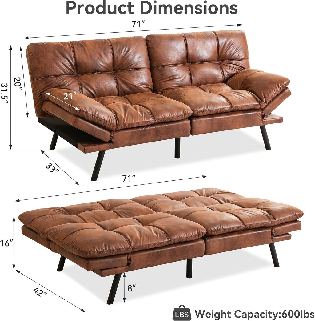 Convertible Futon Sofa Bed,71' Modern Premium Faux Leather Futon Couch with Adjustable Backrest&Armrest,Small Loveseat Sleeper Sofa,Dorm Futonsofa for Apartment,Living Room,Whisky Brown